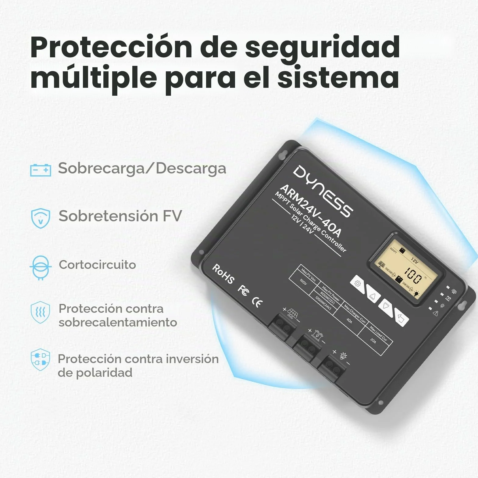 Dyness MPPT 40A Controlador de Carga Solar 12V/24V Automático, 100V (entrada fotovoltaica máx.), pantalla LCD, nstalaciones solares y baterías SLA, GEL, FLD, AGM, Li.