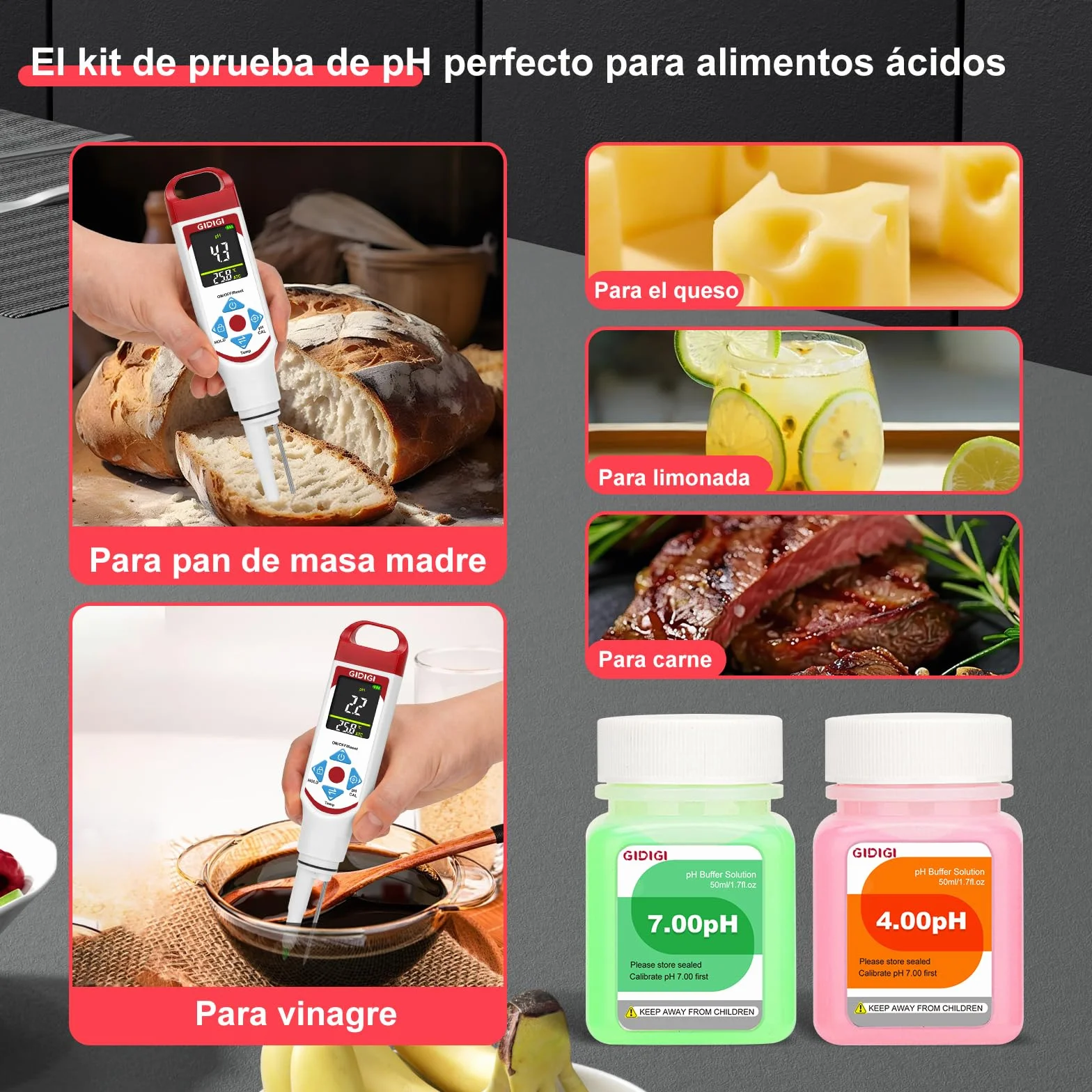 Phmetro Alimentos Medidor pH Digital con Sonda Punta de Lanza para Masa Madre Fermentación Salsas Calientes Vino
