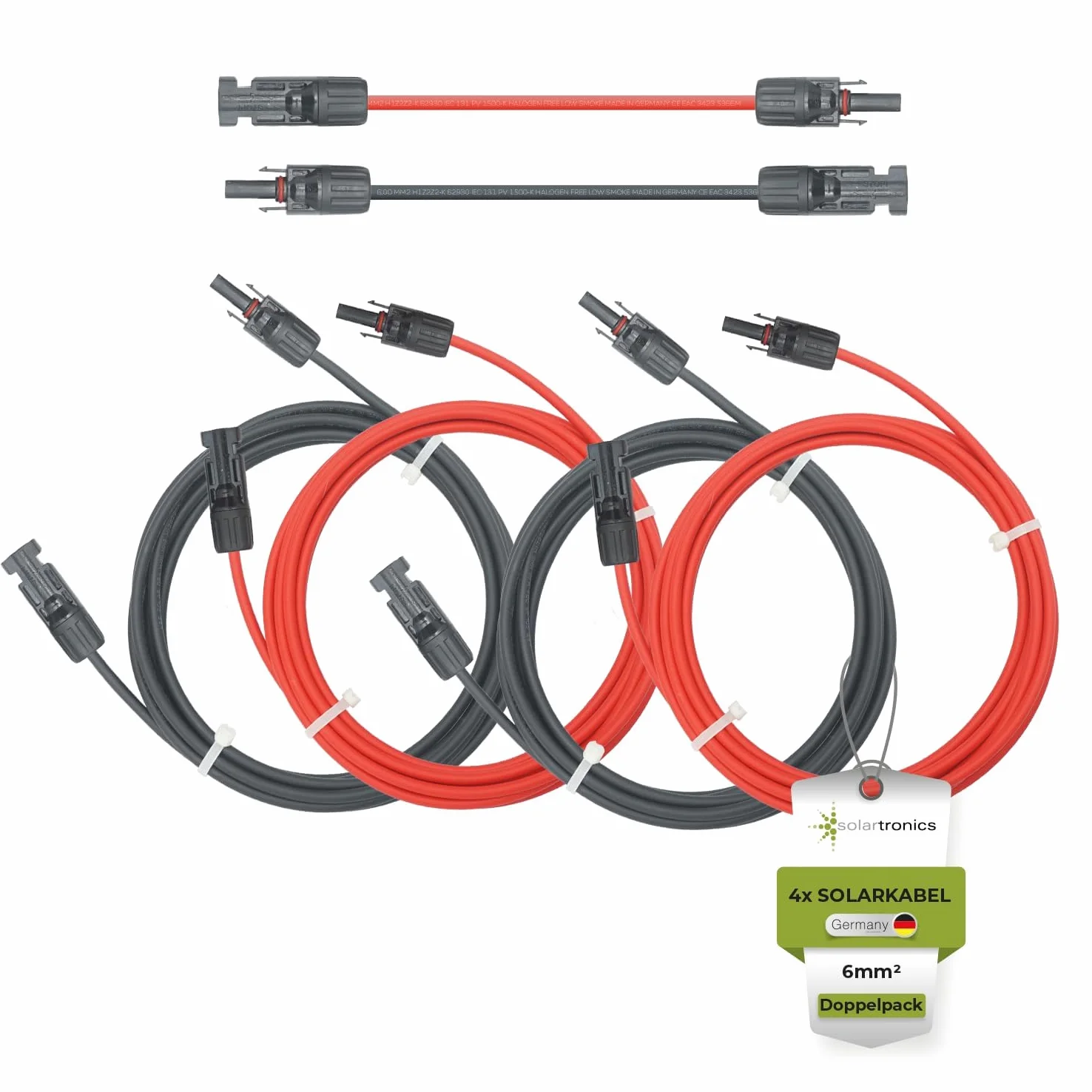 Solartronics 2 pares de cables solares 6mm² 9m rojo/negro, resistente a los rayos UV, impermeable, cable de conexión solar fotovoltaico