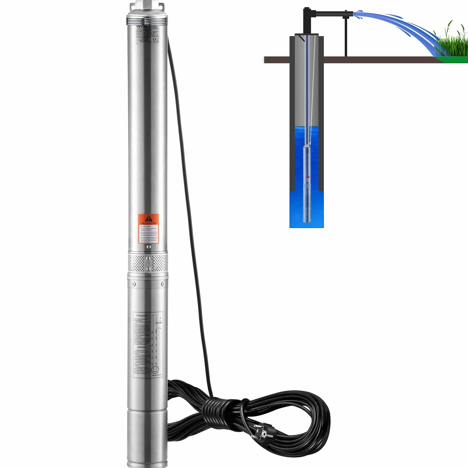 VEVOR Bomba Sumergible Acero Inoxidable Pozo Profundo IP68 2200W 230V 50Hz 9,8 m³/h 144 m