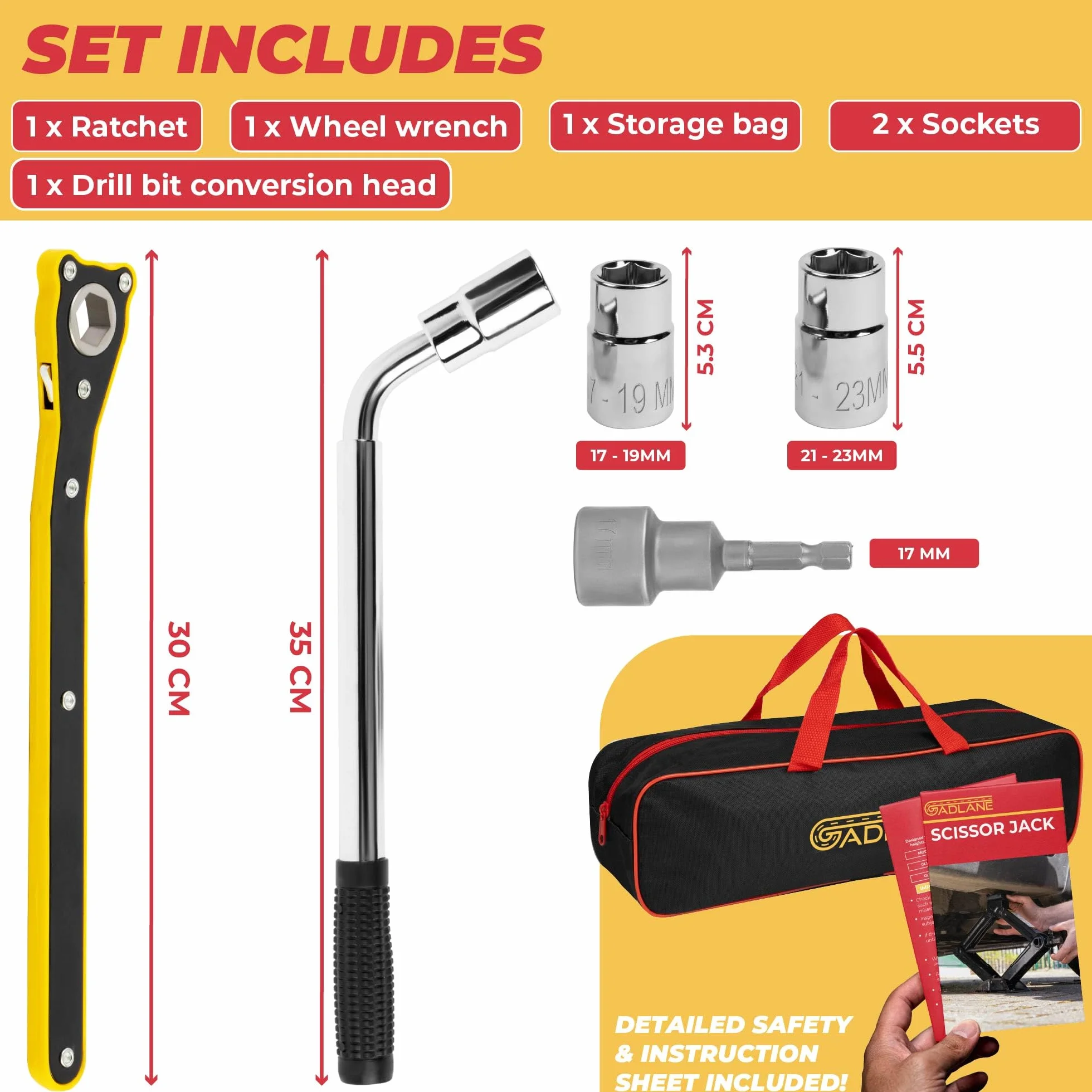 GADLANE Kit de gato de tijera (3 toneladas) | Kit de gato hidráulico portátil de alta resistencia con adaptador de broca, llave extensible, trinquete de elevación