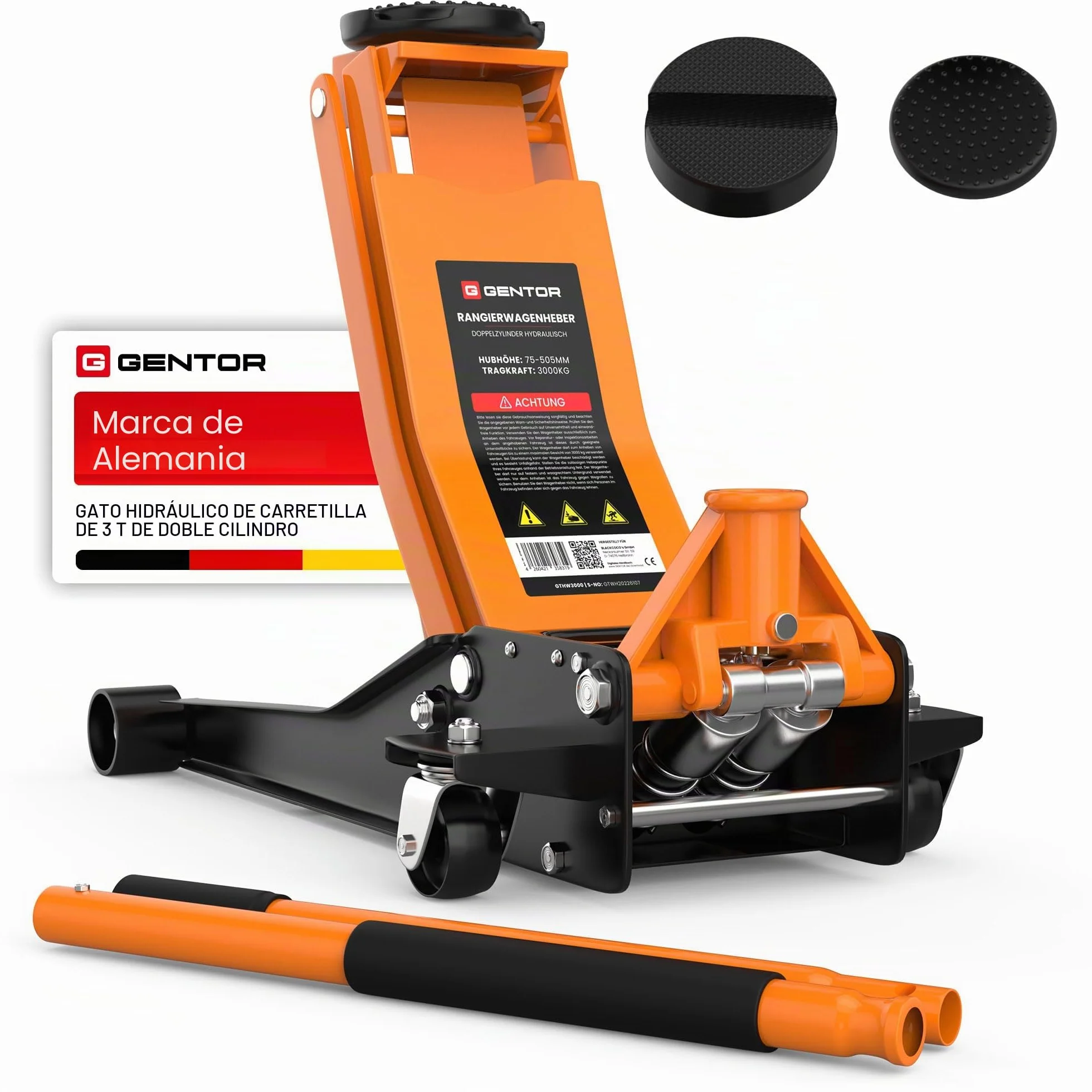 Gato hidráulico 3T de Perfil bajo 75-505mm con 2 Soportes de Goma – Elevador para Coche con Ruedas giratorias 360° – Naranja