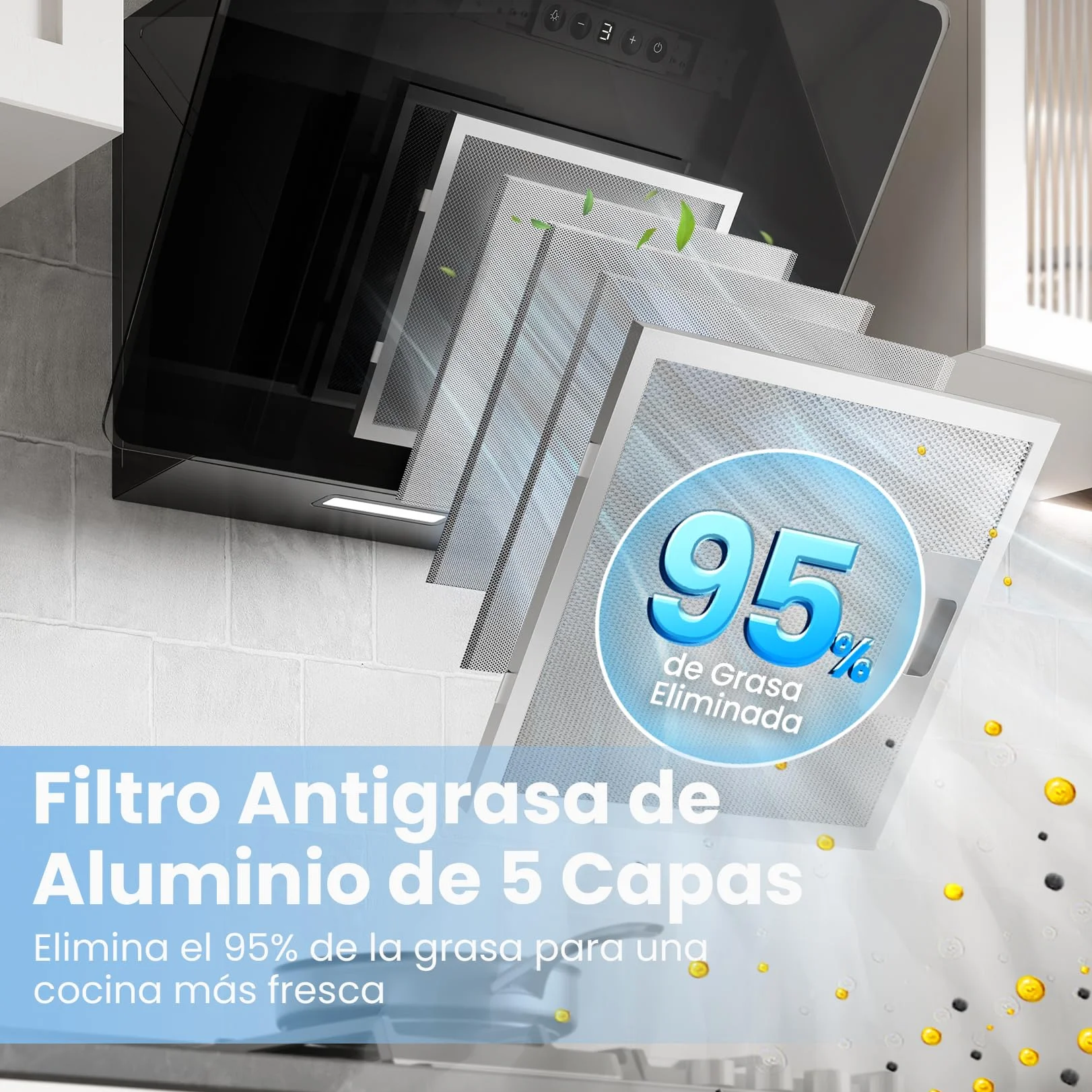 COMFEE' Campana Extractora Inclinada 60cm 400m³/h Vidrio Templado 3 Velocidades Pantalla Táctil LED Negro
