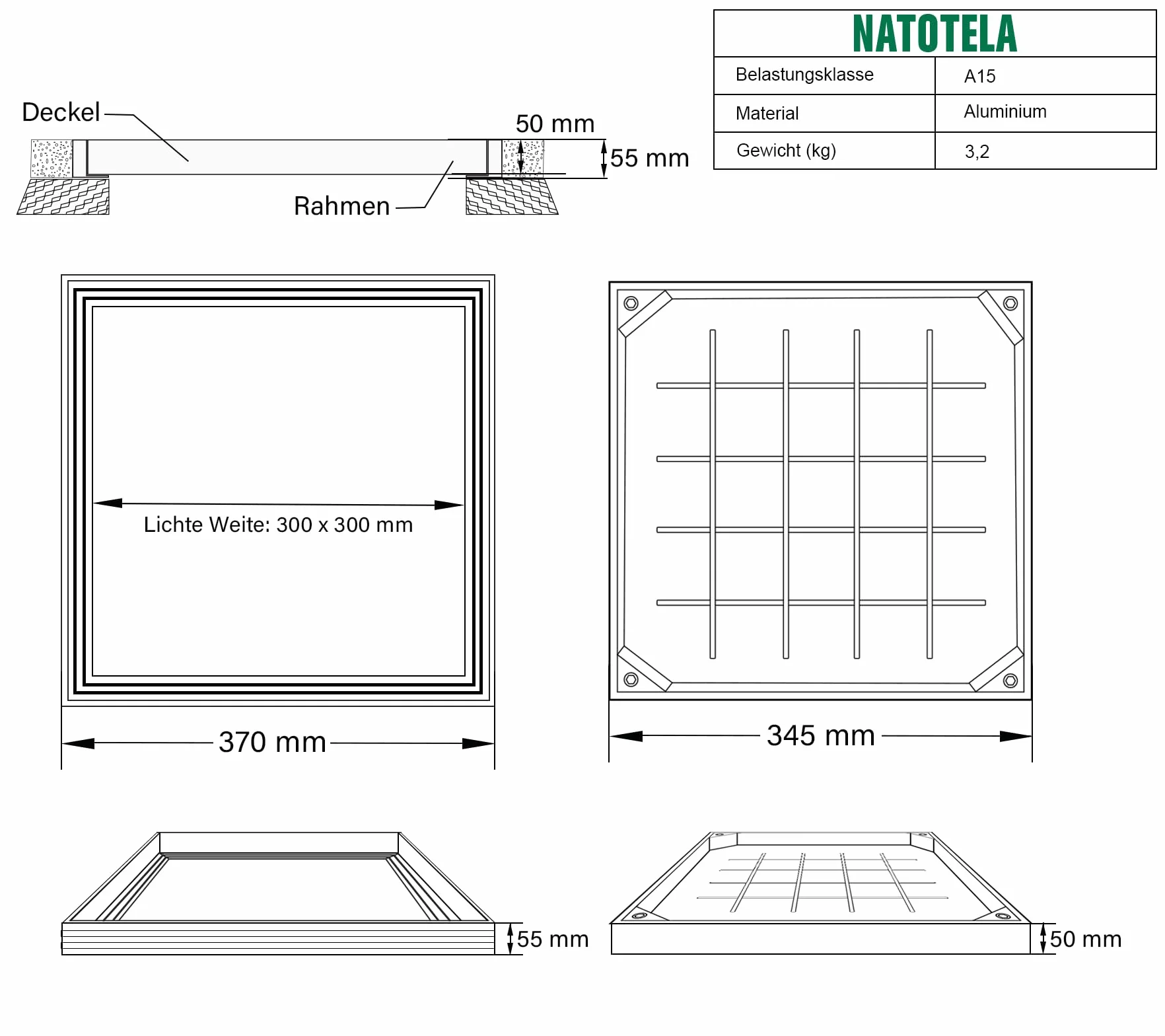 Tapa de alcantarilla de aluminio cuadrada. Ancho de la luz: 300 x 300 mm. Se puede rellenar con junta de goma. Tapa de alcantarilla para interior/exterior, resistente al olor/día, bajo ruido