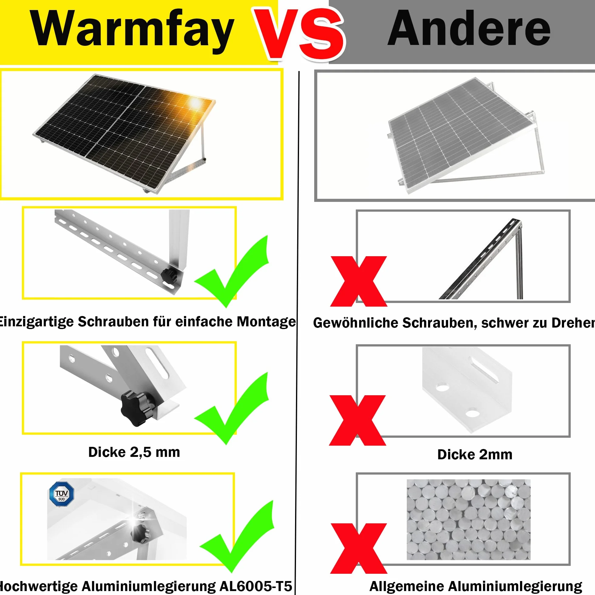 Warmfay 4 unidades de soporte para panel solar, 114 cm, 45 pulgadas, soporte de aluminio para central eléctrica de balcón con estructura de montaje, ángulo ajustable 0-90°, 100 W-1200 W, módulo solar