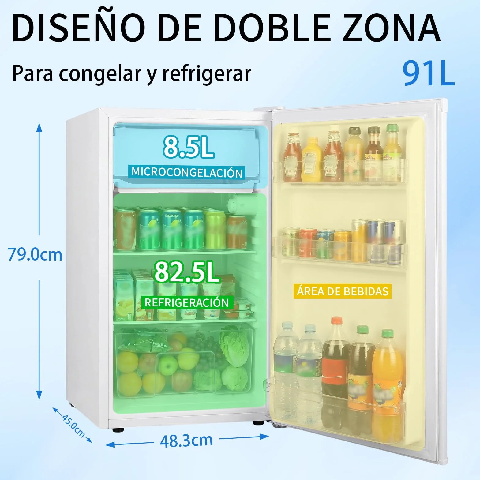 Mini Frigorífico 91L, Frigorífico pequeño una puerta, termostato ajustable, bajo ruido, blanco