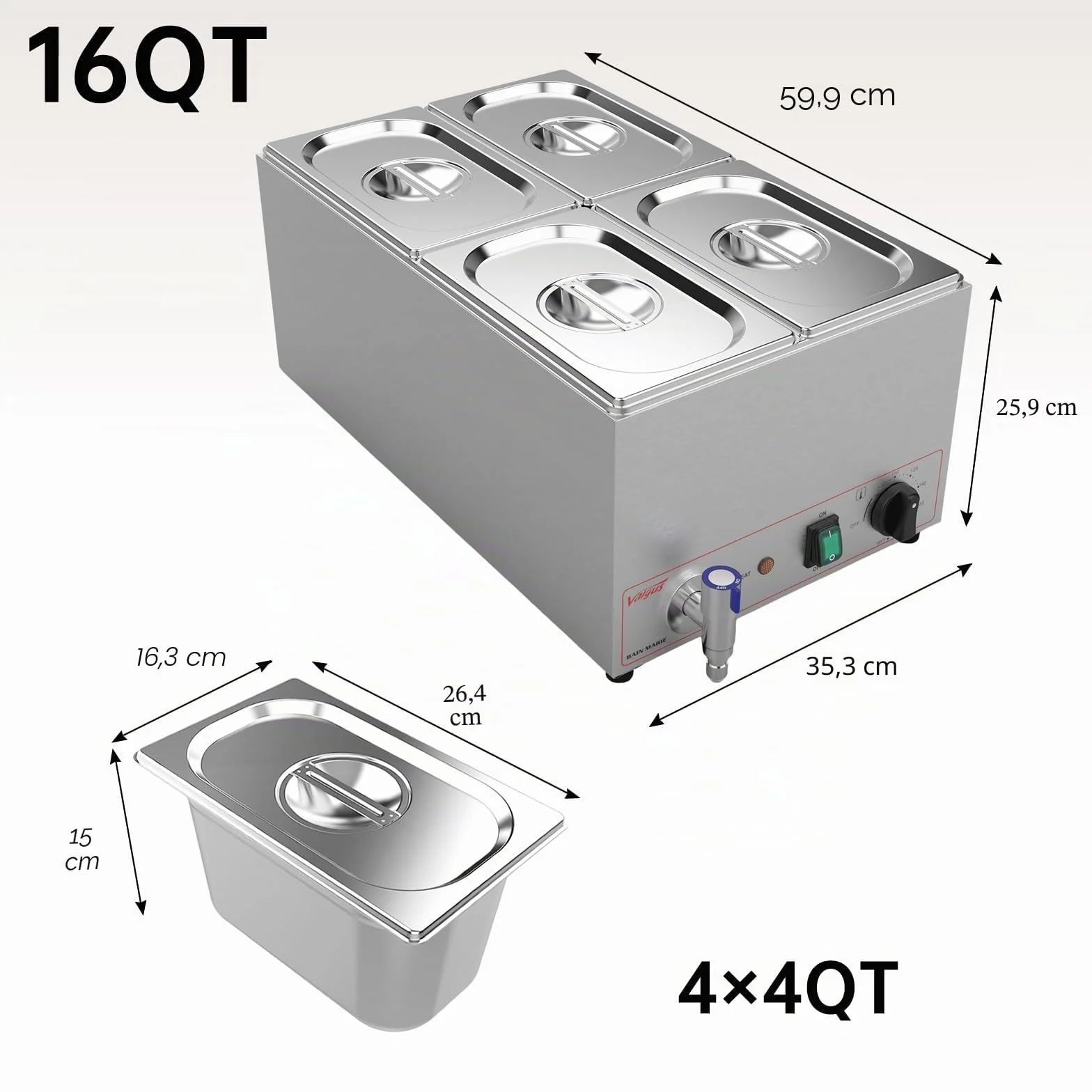Valgus Calentador de Alimentos Comercial de Acero Inoxidable de 4 Secciones y 15L Servidor Buffet con Tapa y Grifo para el hogar, Catering, restaurantes