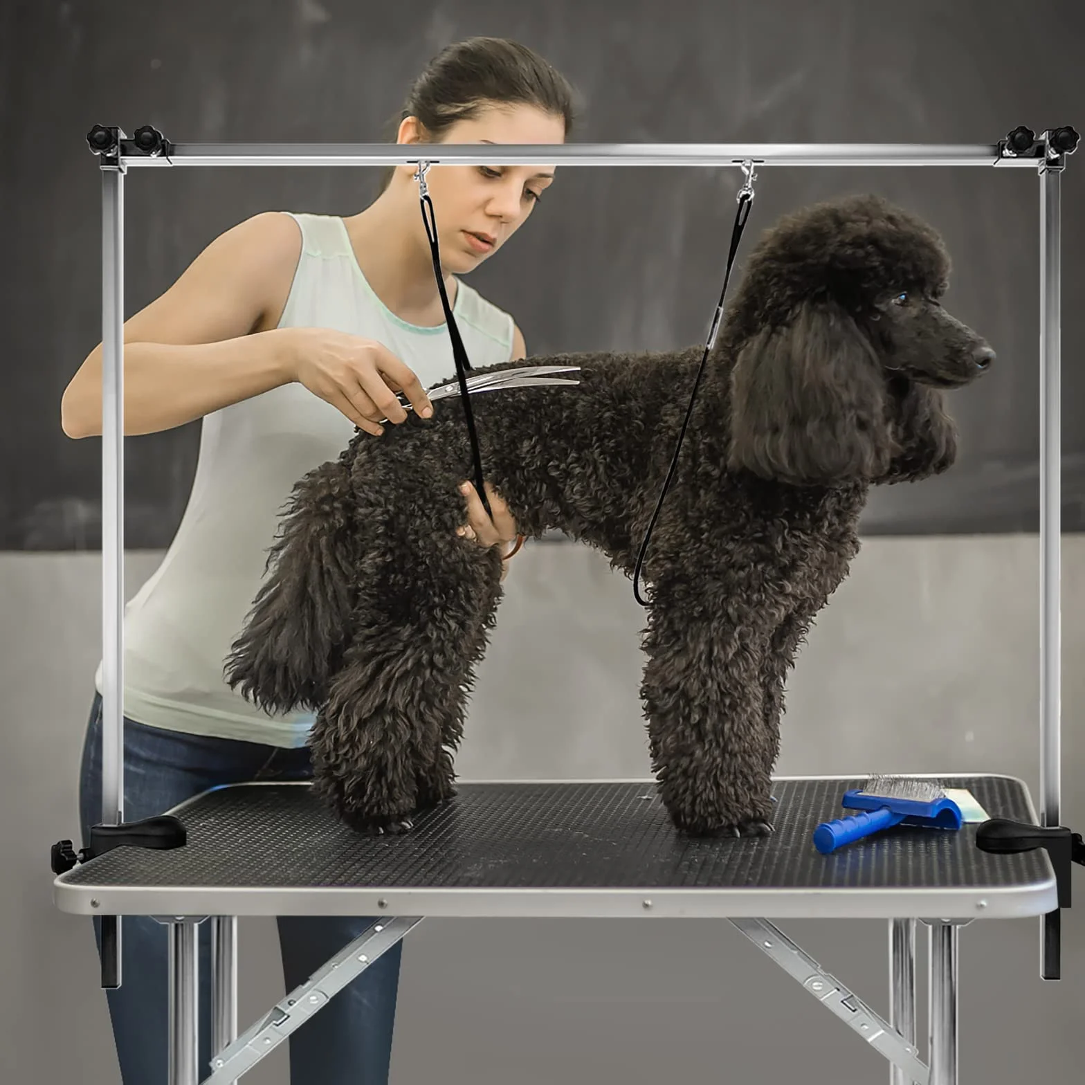 Froadp Mesa de Aseo para Perros Peluquería Mesa Canina y Felina Mesa de Aseo para Mascotas Mesas de Baño Esquila Plegable y Resistentecon Balancín y Bandolera Hasta 100KG de Carga (Grande)