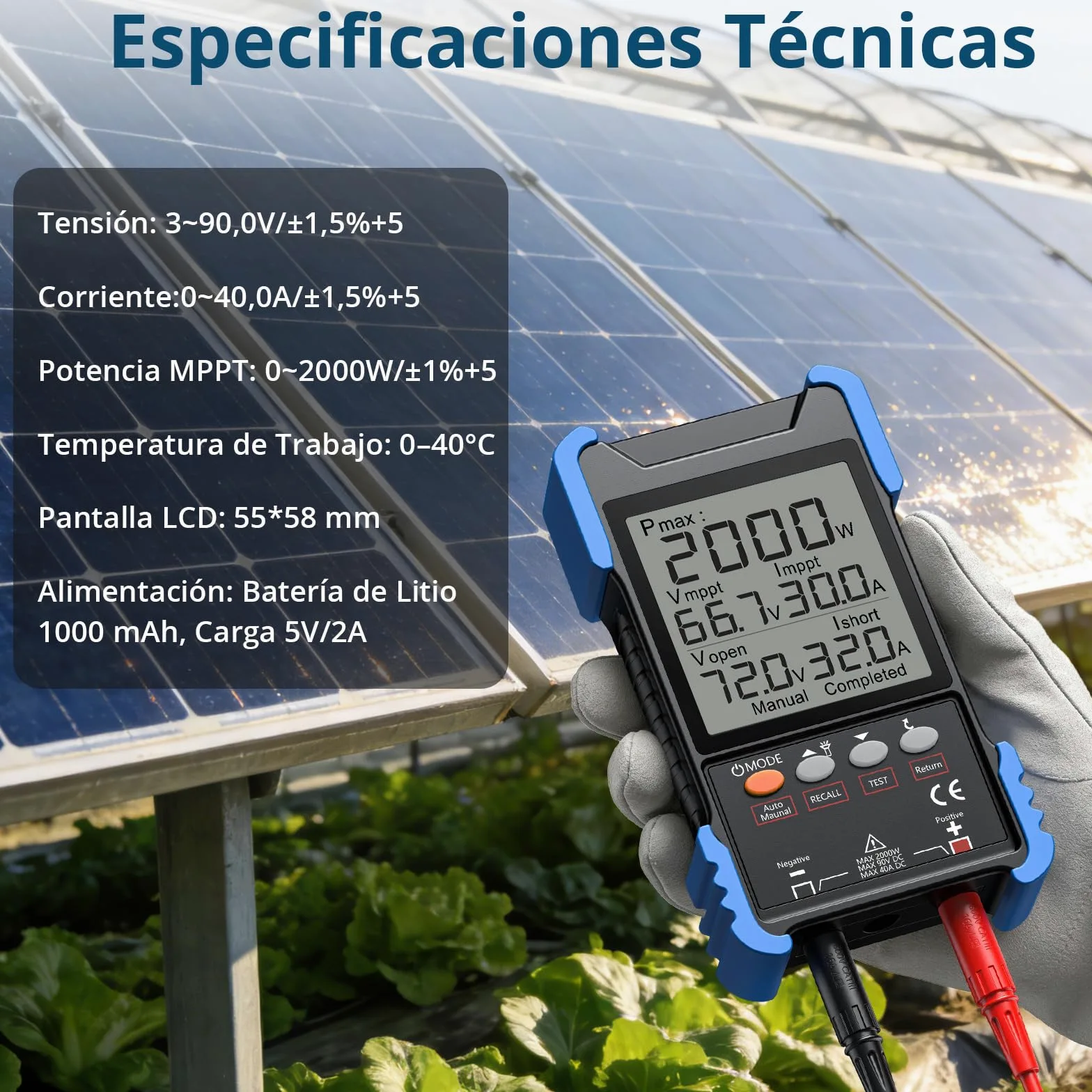 Probador de Panel Solar de 2000 W con MPPT, Medición Pmax/Voc/Isc | Multímetro Fotovoltaico Digital Recargable con Pantalla LCD, Medidor Solar para Pruebas y Mantenimiento de Paneles Solares