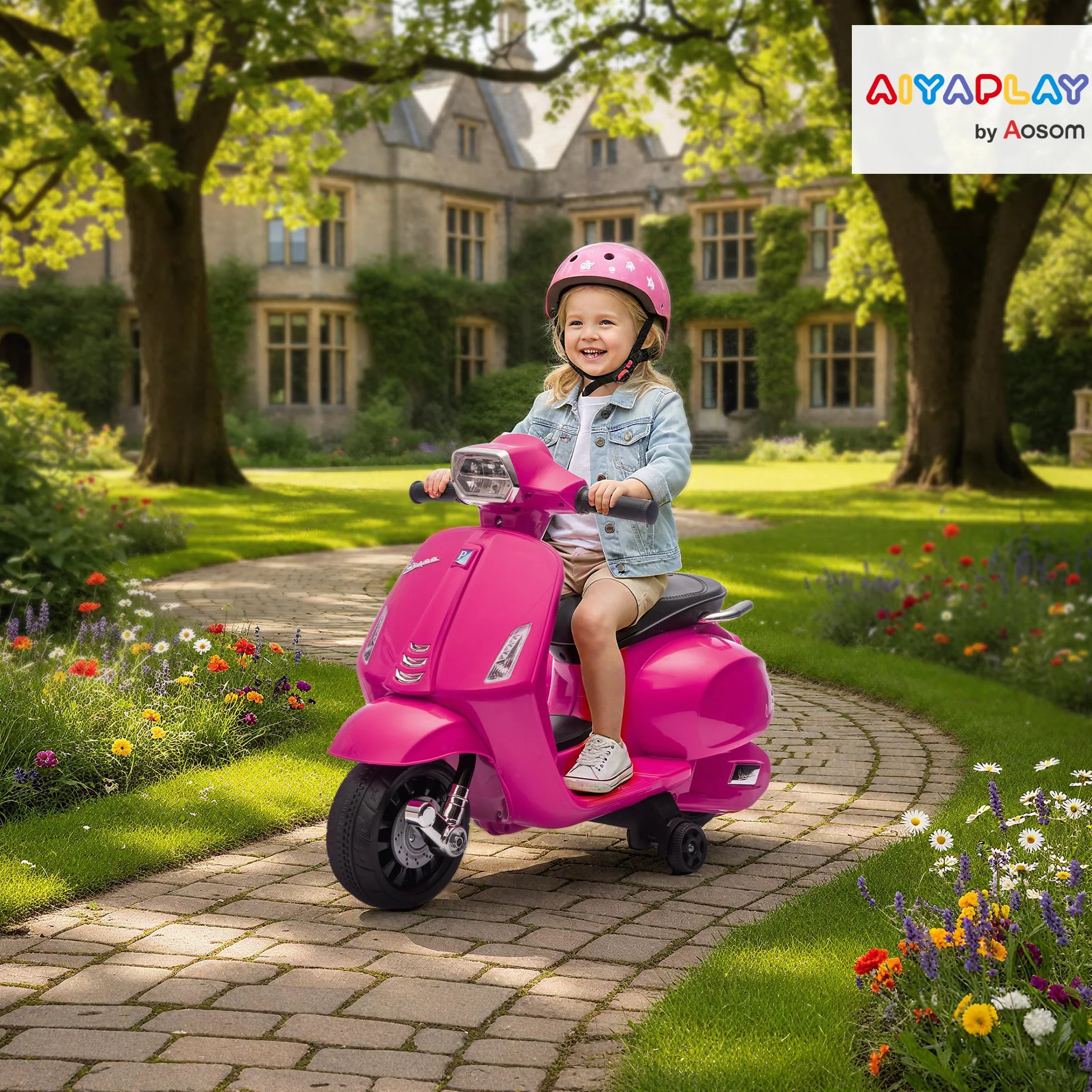 AIYAPLAY Moto Eléctrica para Niños 6V Vespa Licencia, Ruedas Auxiliares 6,9'', 2,5km/h, Faro Bocina, 2-6 Años Rosa