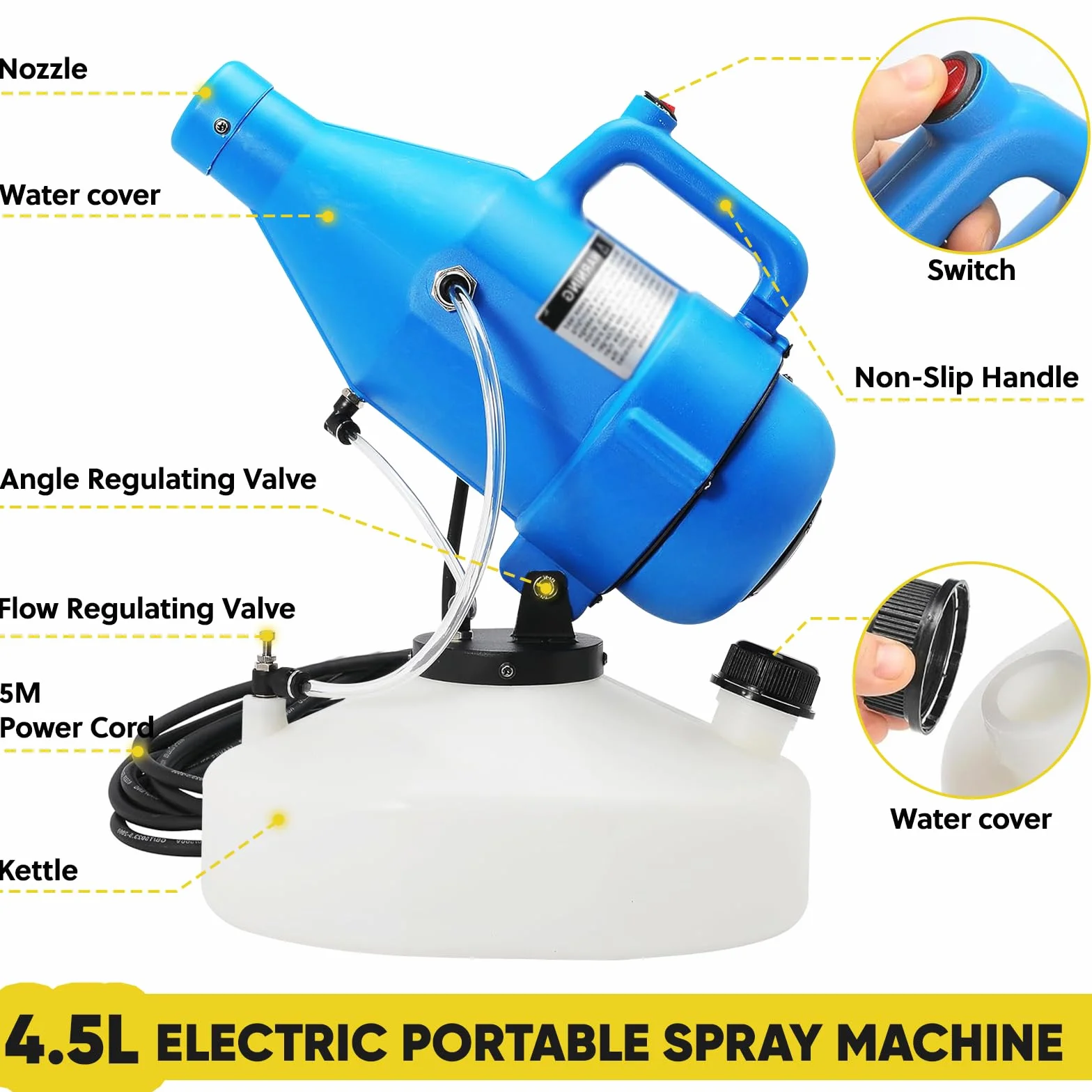 Pulverizador ULV eléctrico portátil de 4,5 L, máquina pulverizadora para desinfección, nebulizador en frío, hospitales, hoteles para desinfección y limpieza efectiva, distancia de pulverización 8-10 M