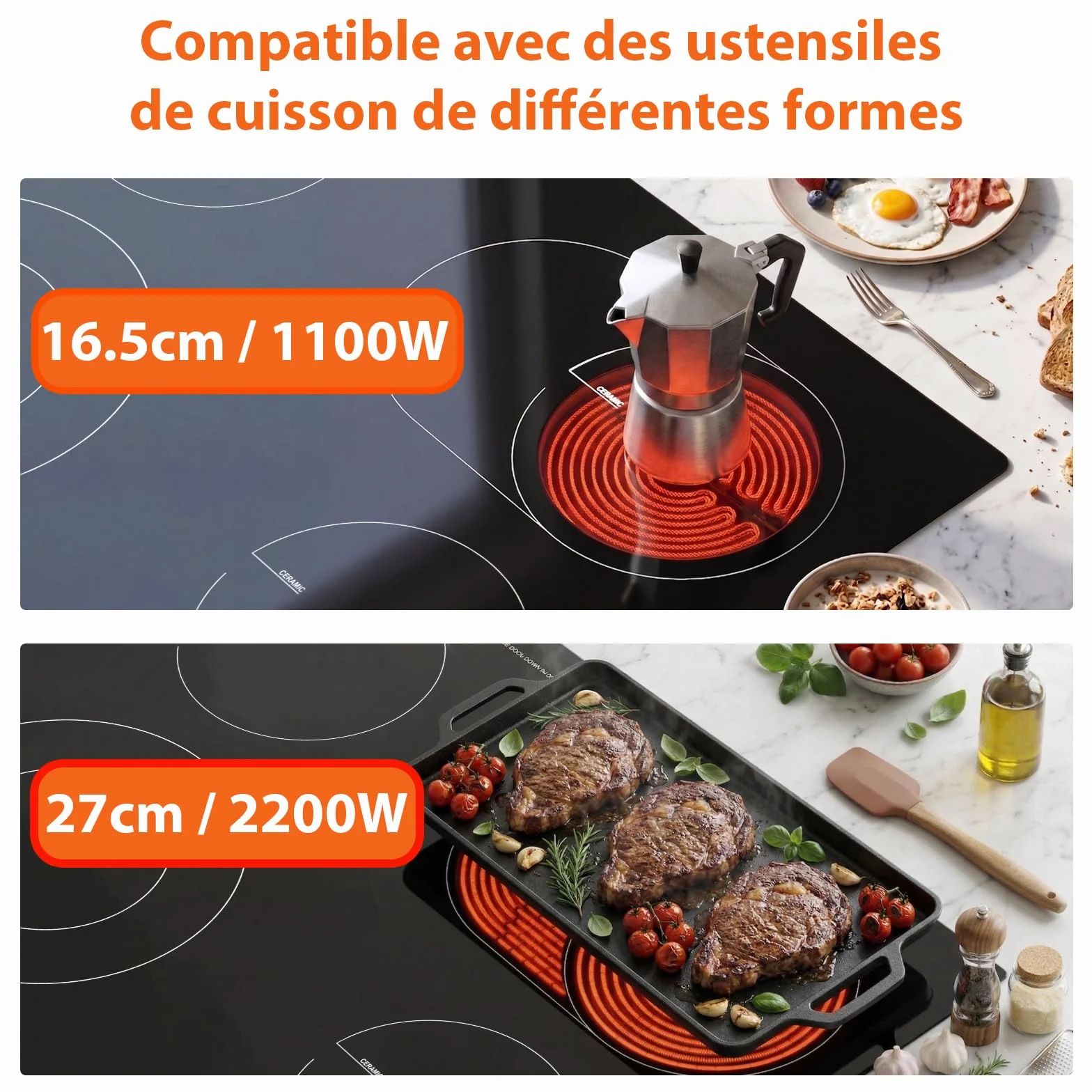 Topwish placa vitrocerámica 4 fuegos 60cm 6600W encastrable con zonas dobles y ovaladas
