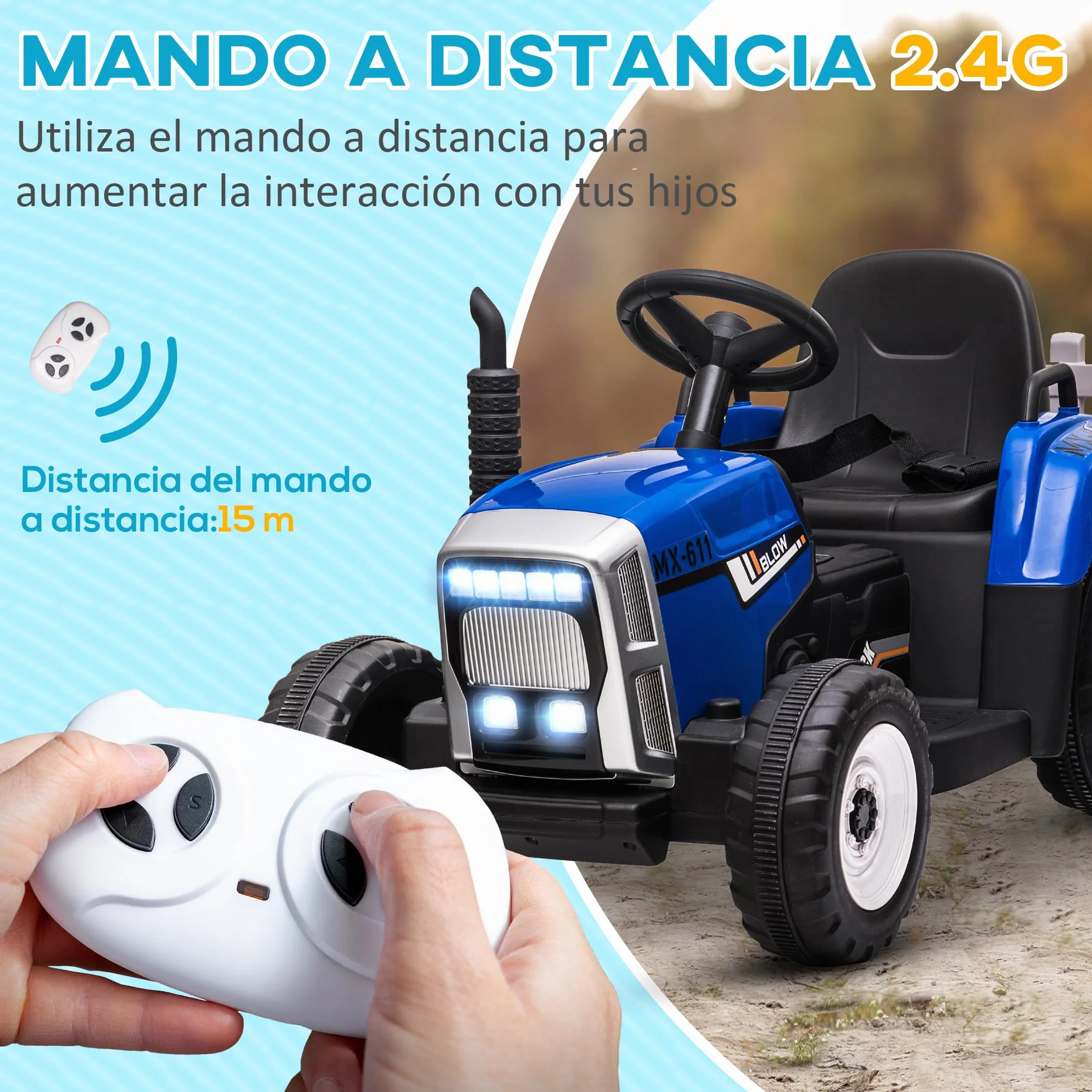 HOMCOM Tractor Eléctrico con Remolque Desmontable para Niños 3-6 Años Control Remoto Música MP3 Luces 136,5x50x52,5 cm Azul