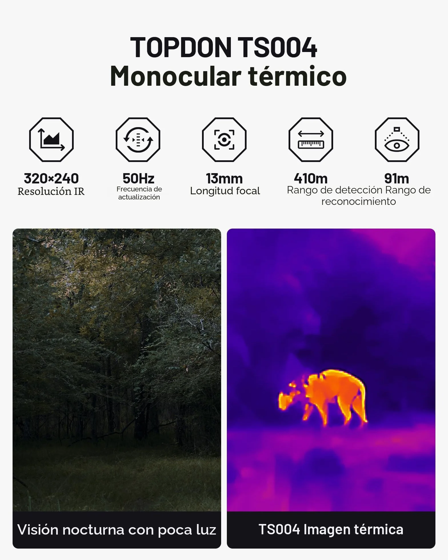 TOPDON Monocular termográfico TS004, 320x240 TISR Alta Resolución, 13 mm, 50 Hz, 32 GB de RAM, 11 Horas de batería, Ideal para exploración Nocturna al Aire Libre, observación de Fauna y Caza