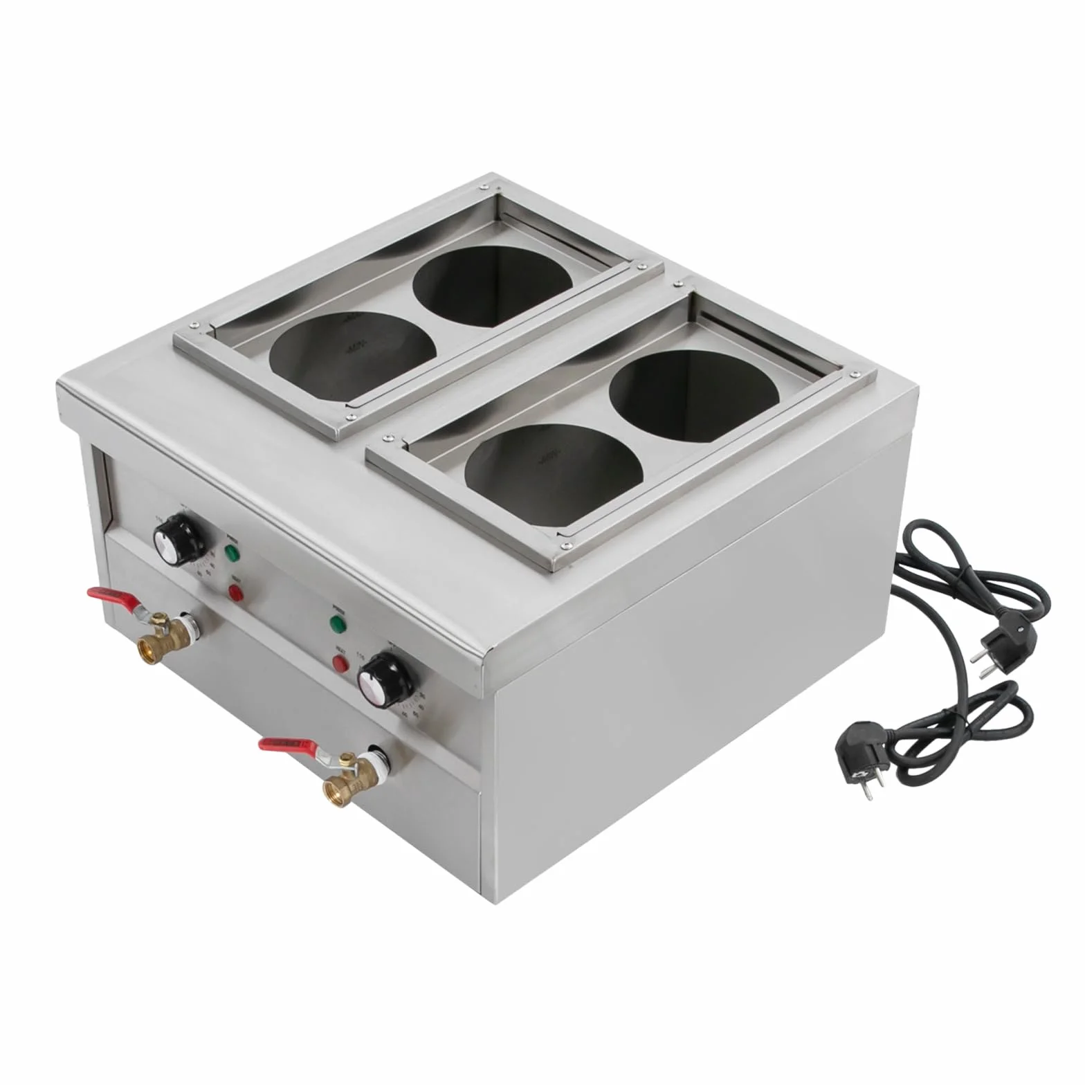 Hervidor de pasta eléctrico, 2 x 2 kW, cómoda máquina de cocinar pasta con 4 cestas de colador, 220 V, diseño de 4 agujeros, capacidad nominal 2 x 9 L, ajustable a 30 – 110 °C