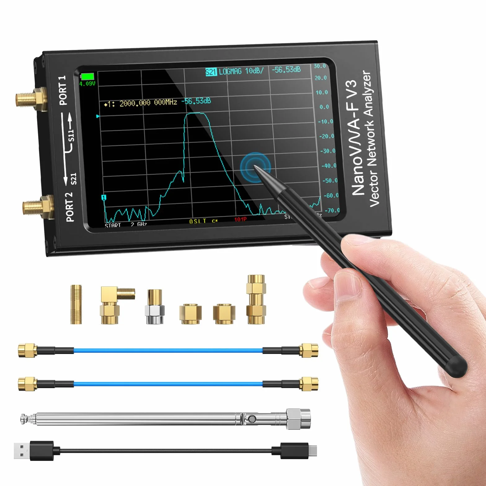 Seesii NanoVNA-F V3 Analizador Vectorial de Redes, 4,3'' Analizador de Antenas 1MHz-6GHz HF VHF UHF VNA para S-Parameter Voltaje SWR, Fase, Retardo, Smith Chart