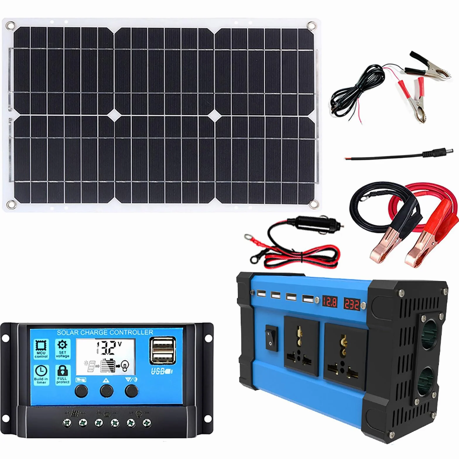 Kit de panel solar, kit completo de panel solar, panel solar impermeable de 18 V/18 W e inversor solar de 6000 W, controlador de 110 V/220 V/30 A con 4 puertos USB y pantalla LED inteligente, adecuado