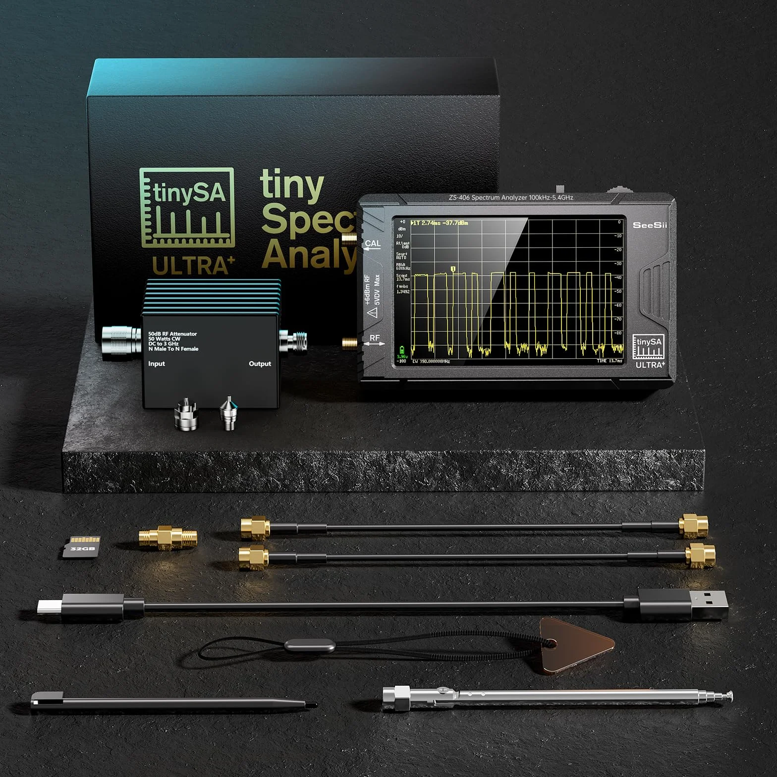 SEESII Analizador de espectro TinySA Ultra+ ZS406 con atenuador de 50 W, analizador de frecuencia de 4,0 pulgadas, 100 kHz-5,4 G Hz, generador de señal 2 en 1, 100 kHz - 800 MHz MF/VHF/HF, entrada UHF