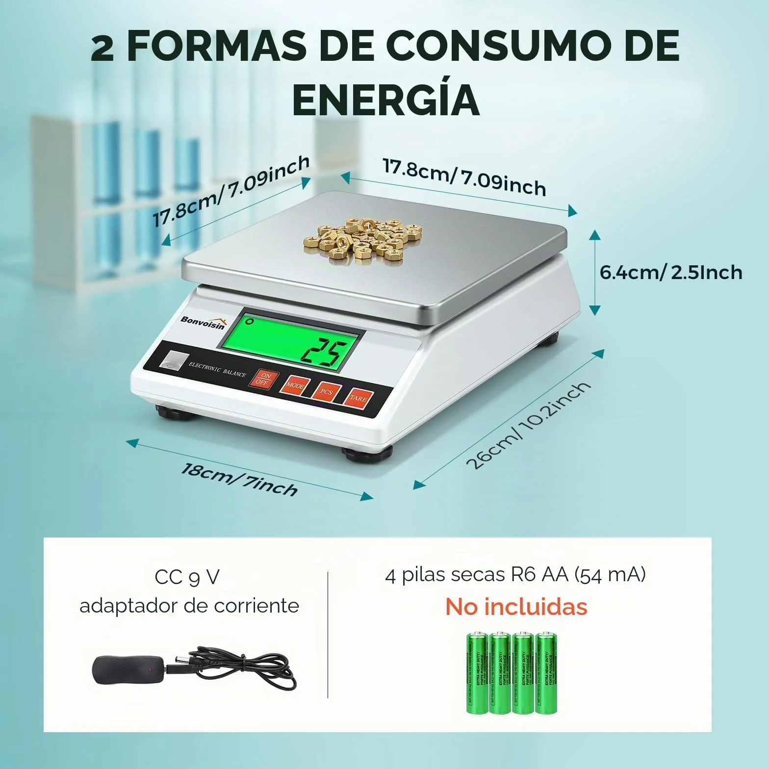 Bonvoisin Báscula de Precisión 6000g/0.1 g, Balanza Cuentapiezas Laboratorio Digital Electrónica Analítica con Certificación CE, Función de Conteo y Tara, Acero Inoxidable, Batería y Cargador (0.1g)