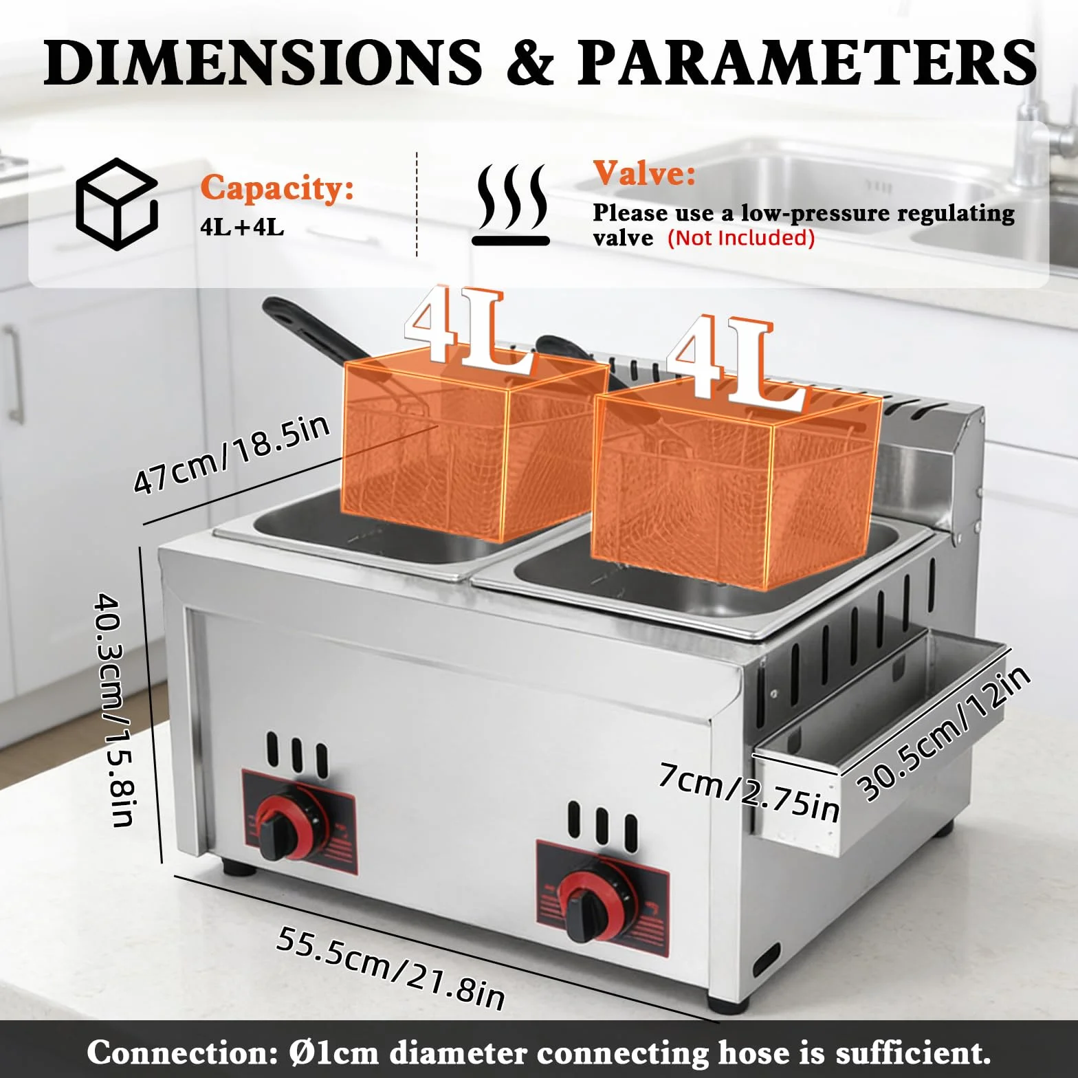 Freidora de Gas Comercial, Freidora Doble de Gas 6L+6L con 2 Cestas y 2 Tapas, Temperatura Ajustable, Calentamiento Rápido para Uso Comercial y Doméstico, Restaurantes y Bares de Aperitivos