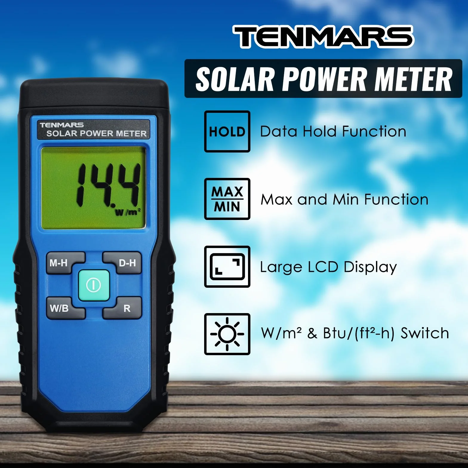 Mano Retenida Digital Solar Poder Metro (Piranómetro) 2000 W/m2, 634BTU / (ft2xh) Medición Solar Radiación Energía Insolación Ensayador