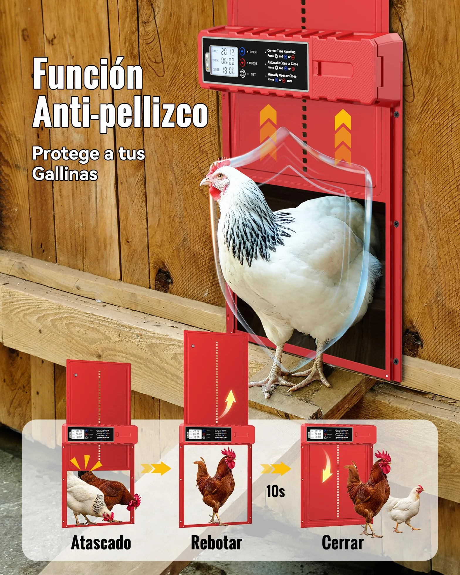 Puerta Gallinero Automatica Solar Roja con 3 Modos, Proteccion contra Pinchazos, Aluminio Resistente a la Intemperie