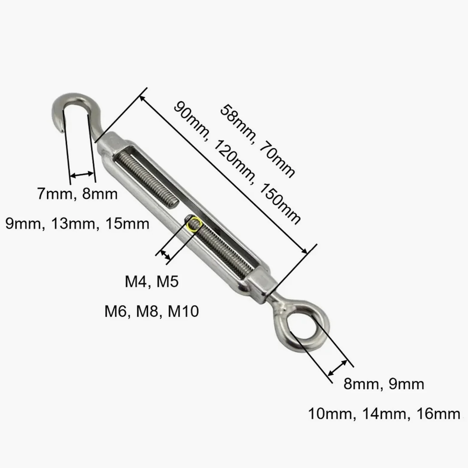 Tensor Alambre Acero Inoxidable Tensor de alambre tensor acero inoxidable 304 Ajuste del Gancho ojo Tornillo cuerda cable apretado Conector tornillo(M10,4PCS)
