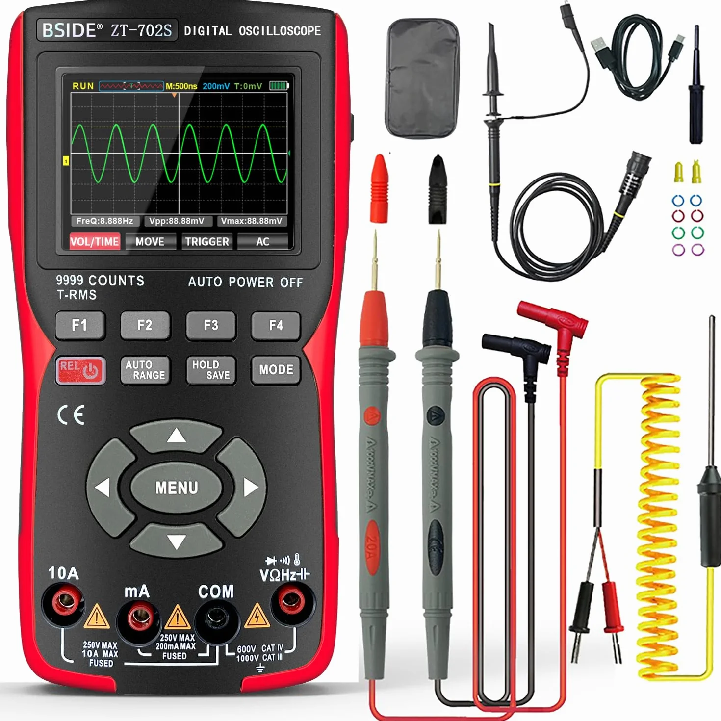 BSIDE ZT-702S Kit Osciloscopio DIY Multímetro Digital TRMS con Osciloscopio Automotriz 9999 Cuentas 10Mhz LCD a Color Medidor de Miliamperios y Milivolt Oscilloscope Recargable con Memoria para PC
