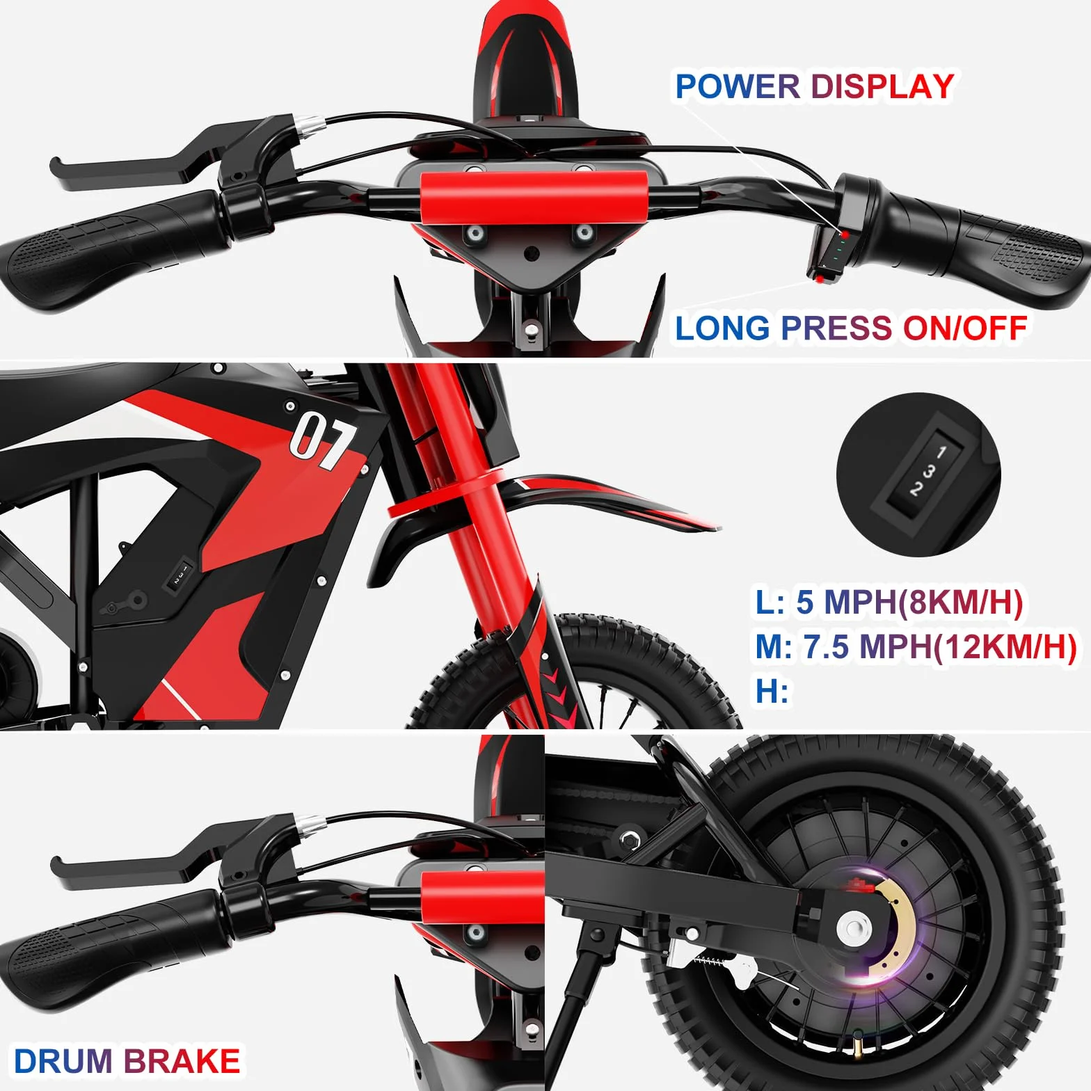 EVERCROSS EV12M Motocicleta Eléctrica Niños 300W 3 Velocidades 18km Alcance 12" Neumático Cross 110cm+