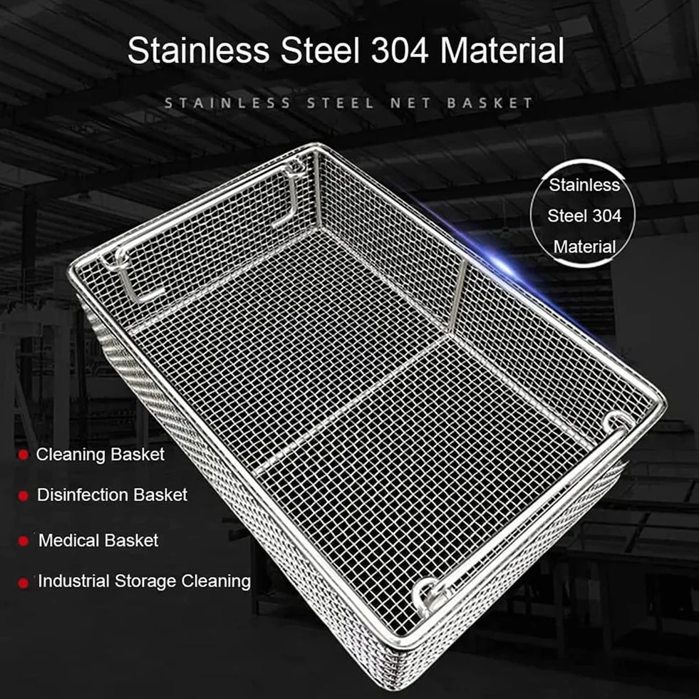 Cesta de desinfección de Equipos médicos de Acero Inoxidable 304, Bandeja de esterilización de Acero Inoxidable para Hospital con Mango retráctil,30 * 20 * 10cm