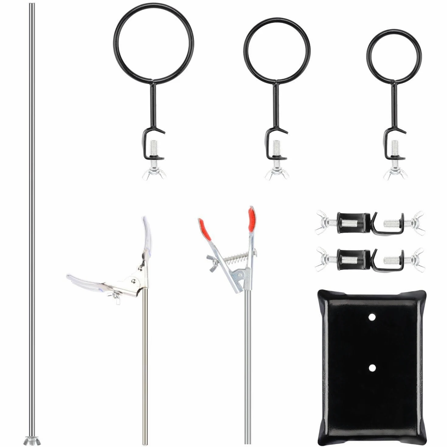 Soporte de laboratorio con varilla de 60 cm, 3 anillos de soporte, 2 pinzas para matraz, 2 pinzas de nuez, set metálico para laboratorio