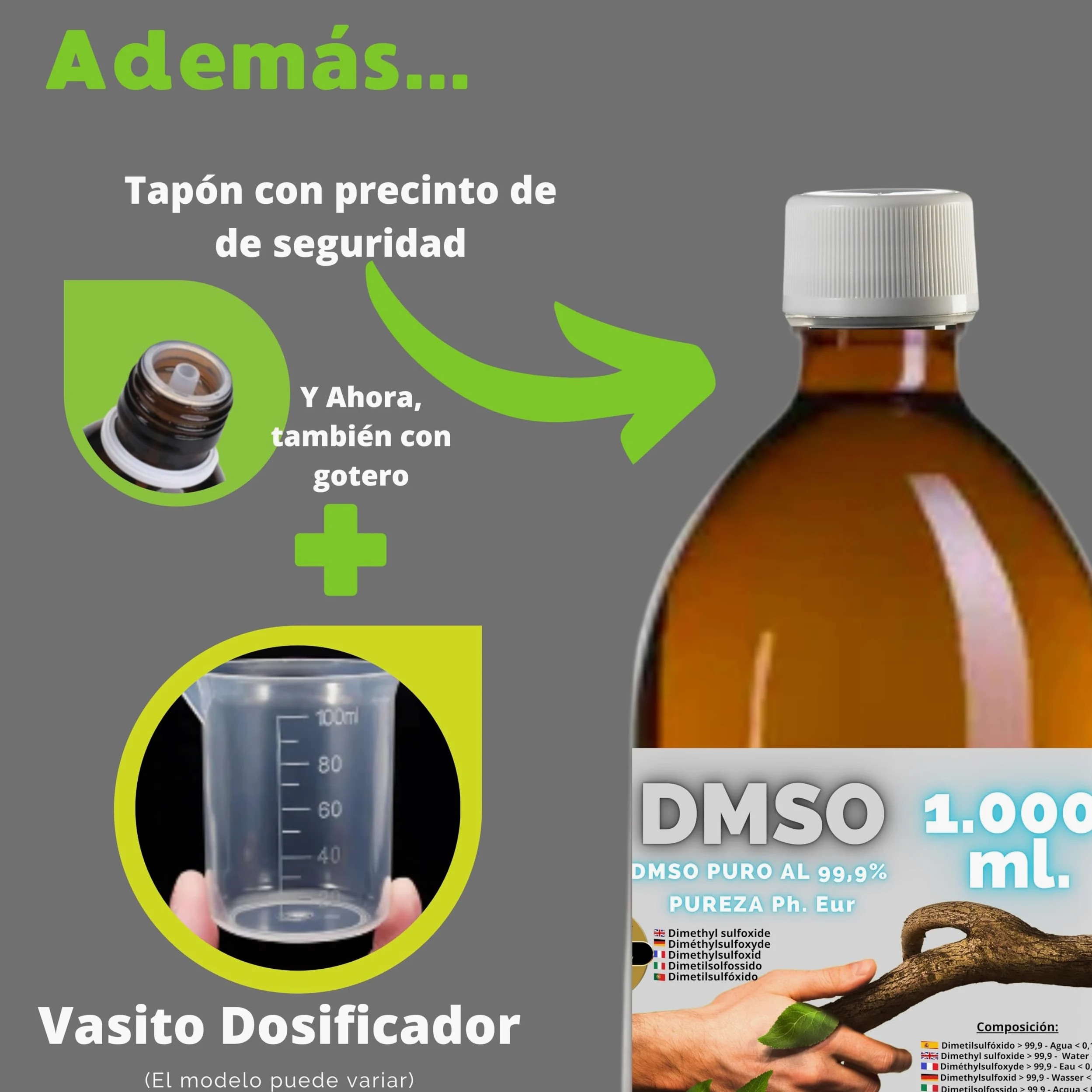 DMSO Dimetilsulfóxido 99,9% Pureza | Pack 2 x 1000 ml | Máxima Pureza | Frascos Ámbar de Laboratorio con Precinto de Seguridad | Incluye Accesorios de Dosificación