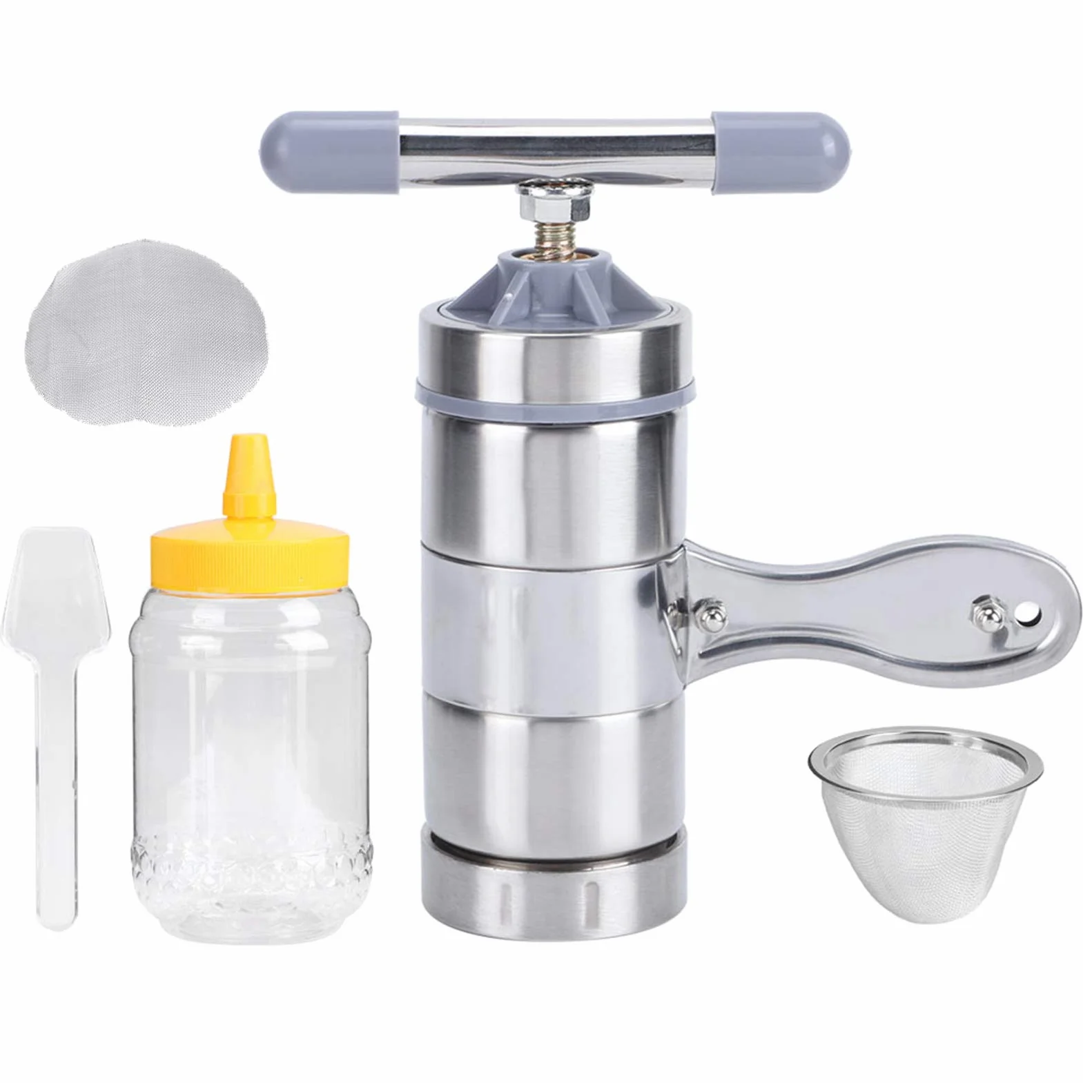 Manual Prensa de Miel, Acero Inoxidable Mano Prensa de Miel, Portátil Miel de Abeja Prensador Extractor Máquina Filtrar Fruta Imprenta con Botella de Miel, Cuchara Miel, Disco Filtro para Agricultura