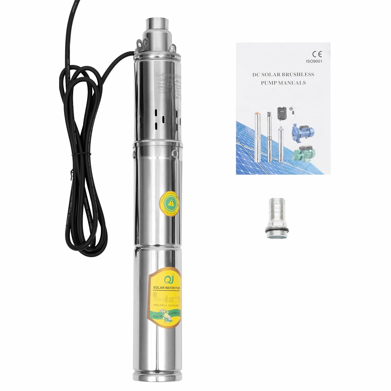 Bomba solar para pozos profundos, CC 24 V, bomba solar con carcasa de acero inoxidable, bomba sumergible, altura de elevación máx. 65 m, bomba de agua solar para pozos, riego de granjas, abrevado de