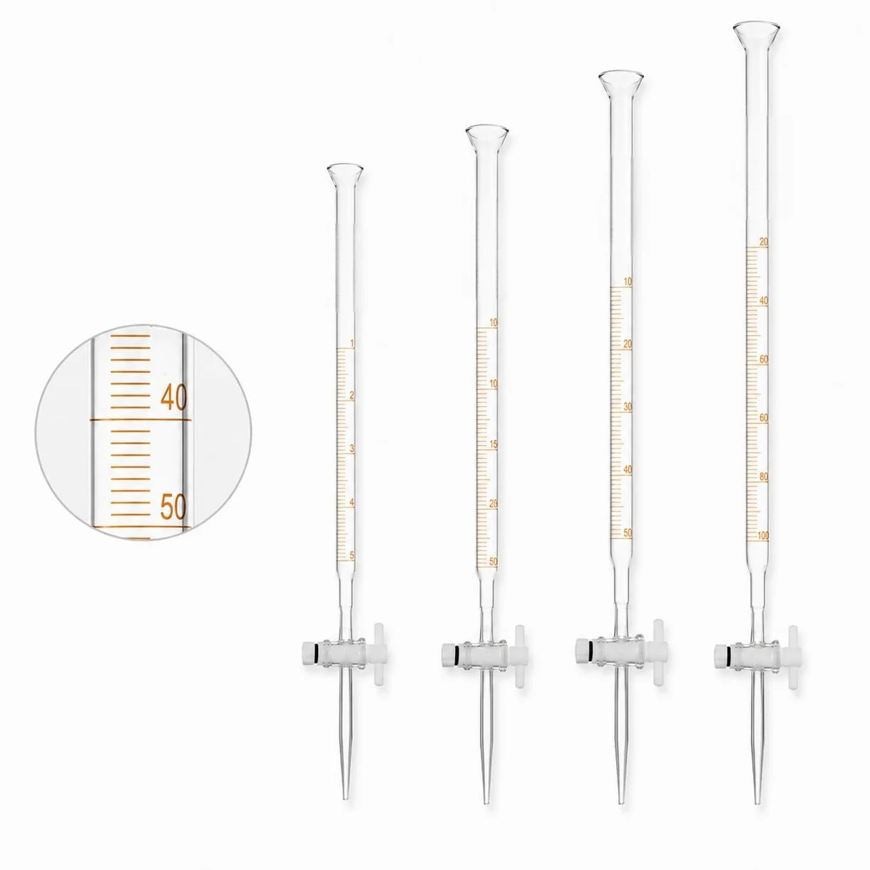 Bureta Vidrio Laboratorio Embudo Acampanado Válvula PTFE-1mL/0.01 | Material Vidrio Laboratorio Multiuso Ideal para Valoración y Análisis Multireactivo
