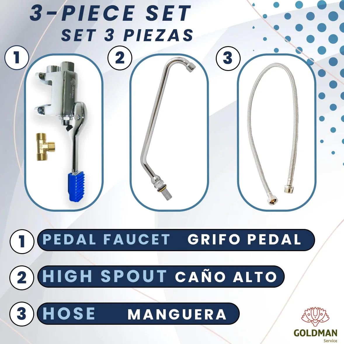 GOLDMAN SERVICE Set de Grifo Pedal para Fregaderos Industriales Hostelería - Caño Alto - Latiguillo - Adaptador conexión para dos aguas Fría - Caliente