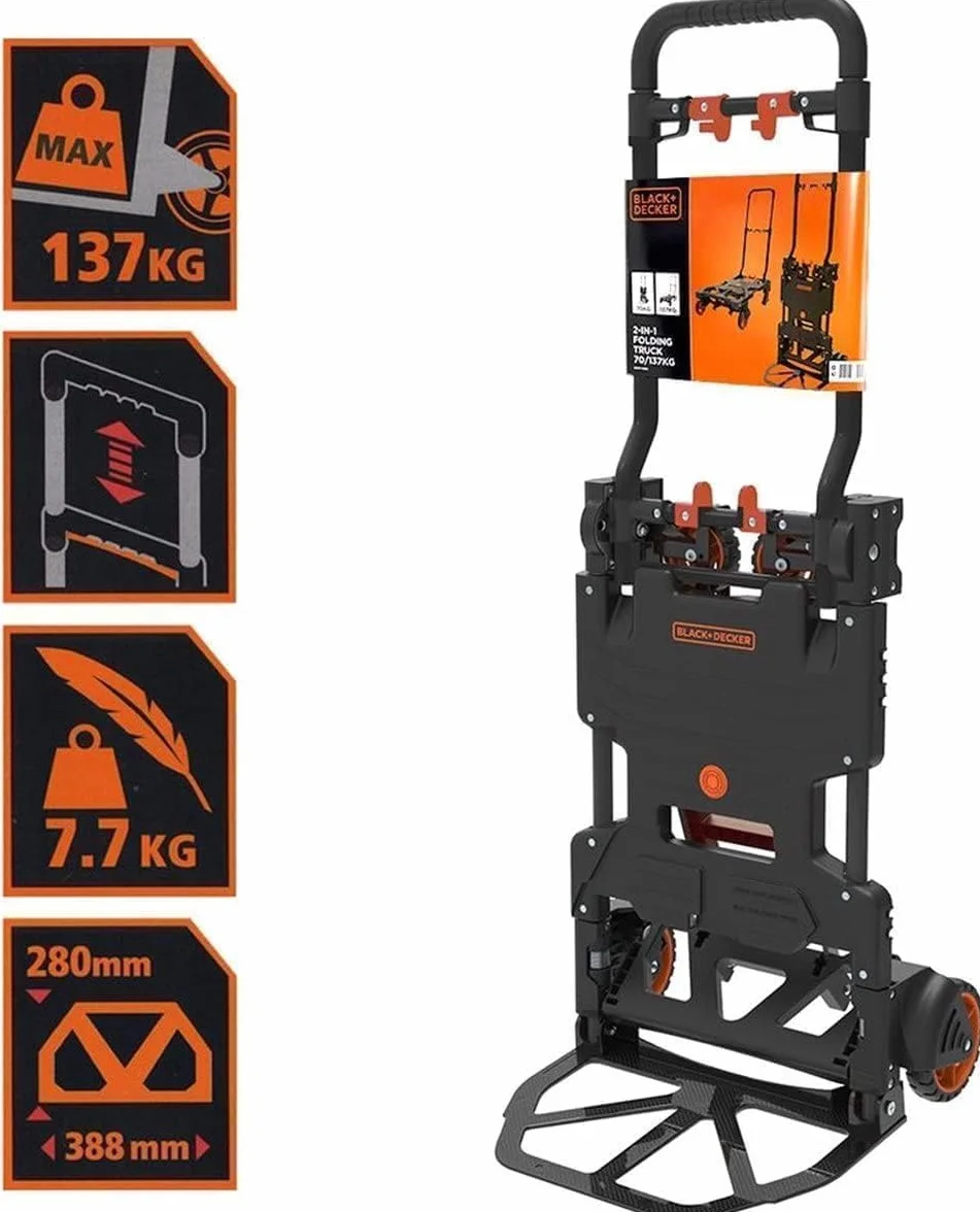 Black+Decker 2-en-1 Carro y Caretilla Plegable - Carretilla de Carga MAX. 55KG - Caretilla de Mano MAX. 120KG - Carro Plataforma con Ruedas Robustas - Plástico/Acero