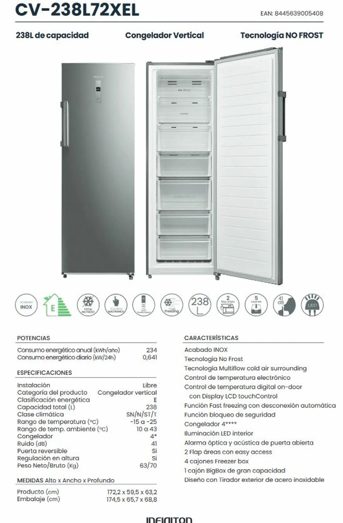 INFINITON Congelador Vertical CV-238L72XEL 238L No Frost Inox