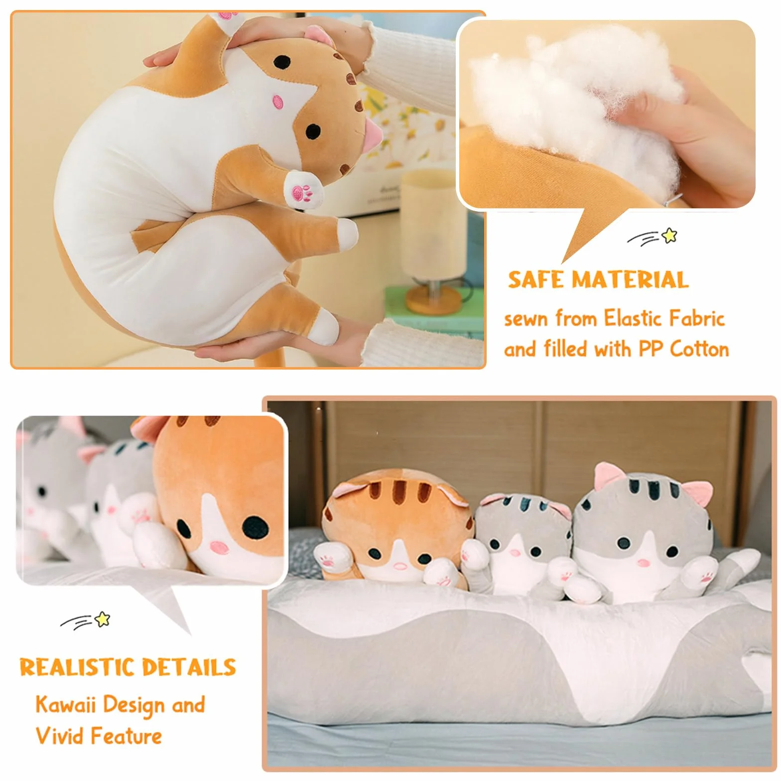 Almohada Gato Largo de Peluche Suave Gigante 70cm Gris