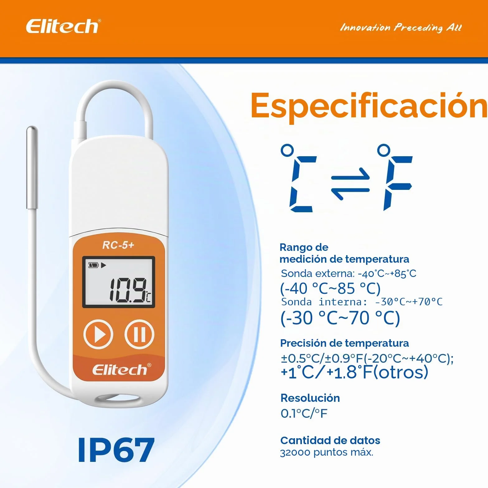 Elitech RC-5+TE Registrador de Datos de Temperatura USB, Alta Precisión, 32000 Puntos, PDF&CSV