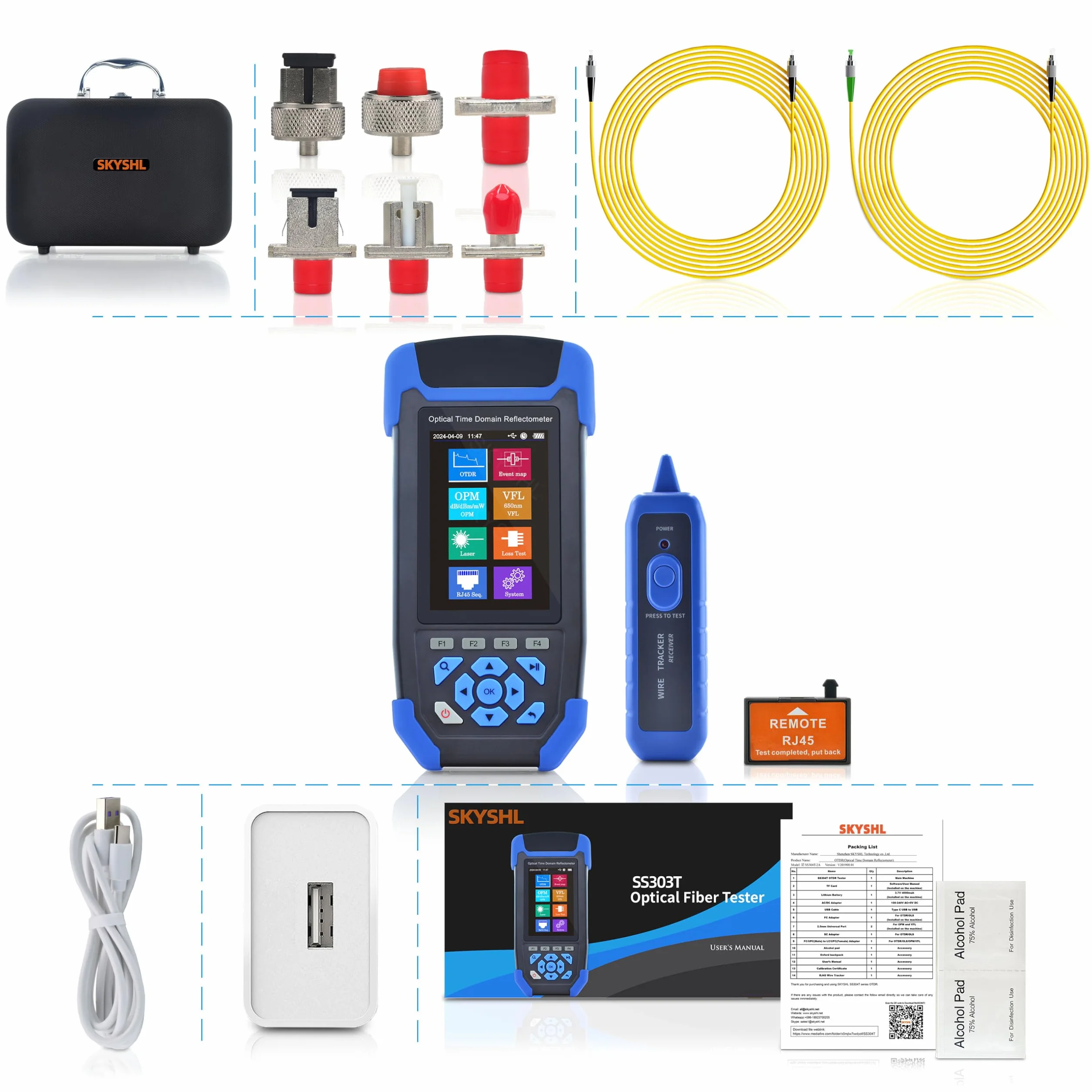 1310nm/24dB+1550nm/22dB Mini OTDR con OPM+OLS+VFL+Mapa de Eventos+Prueba de Pérdida+Probador RJ45+Rastreador de RJ45 SM Probador de Fibra Compatible con APC&UPC SC+FC+ST+LC-SS303T-2A1