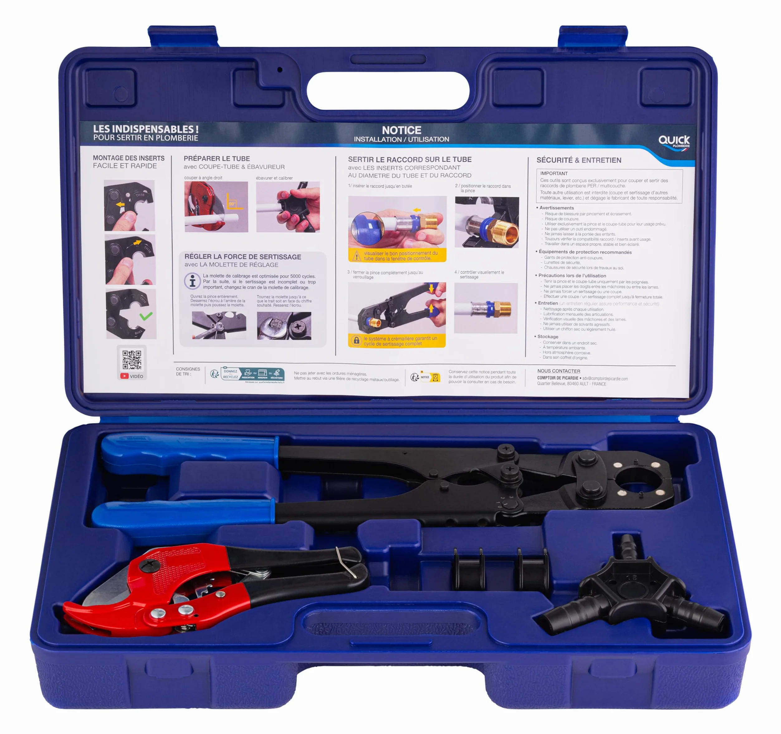 Kit Prensado Tuberías Multicapa — Prensa + Cortatubos + Desbarbador/Calibrador + 2 Insertos TH 16/20mm | Herramienta Fontanería Profesional