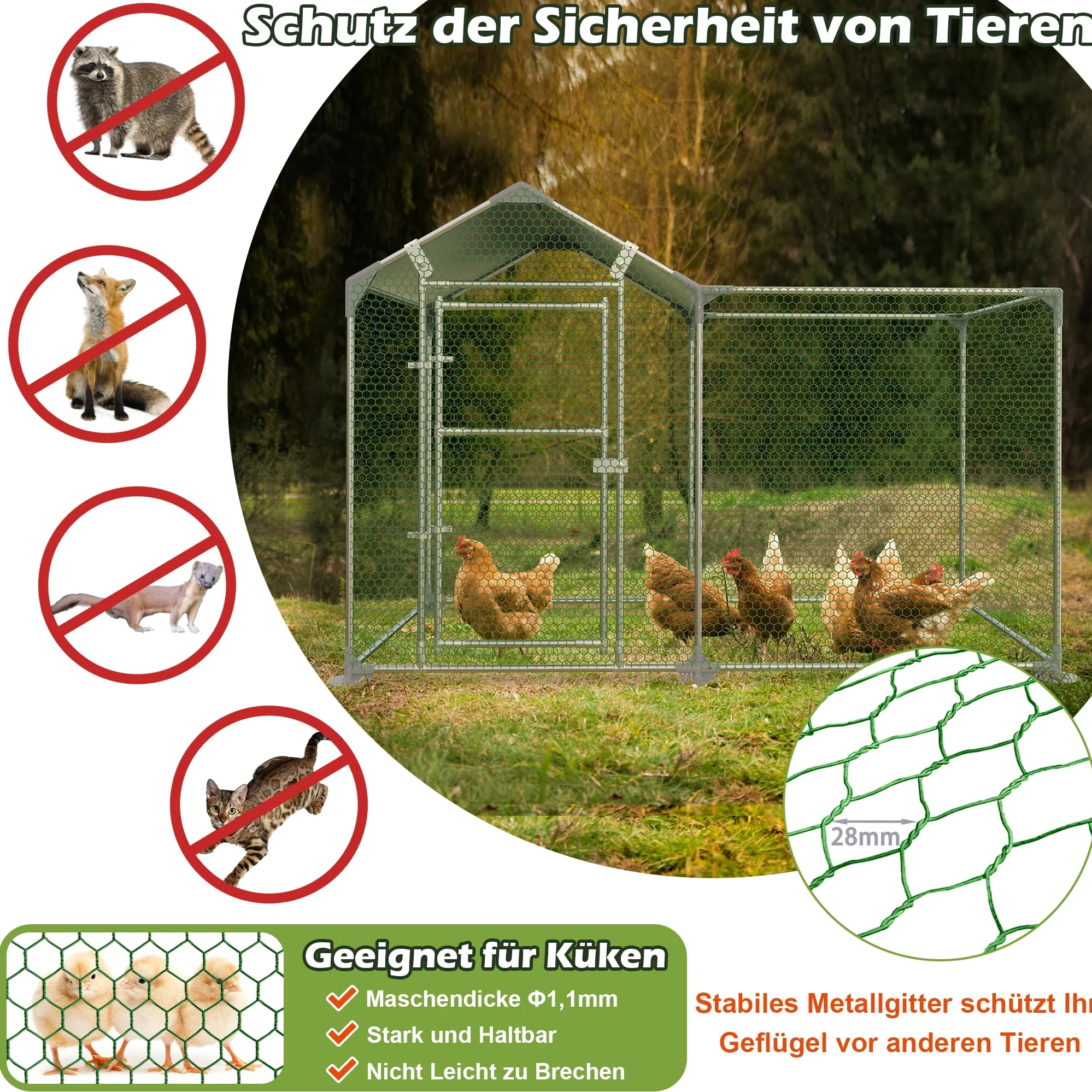 Gallinero de acero galvanizado, 3 x 1 x 1,5 m, con protección solar, techo, jaula para gallinas, cercado para gallinas, jaulas de aves de corral para gallinas, animales pequeños, aves de