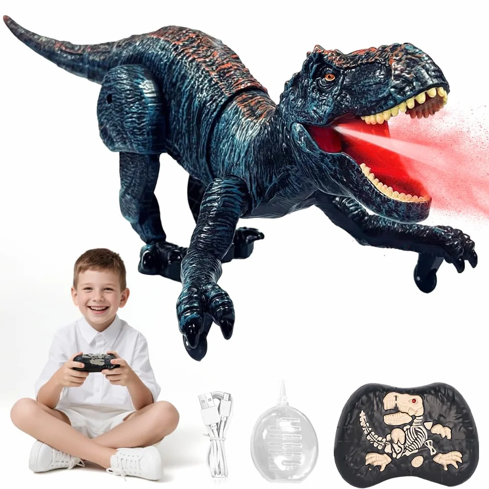 Dinosaurio Teledirigido 2.4 GHz Recargable con Rociar Rugido y Luz Juguete para Niños 3+ Años Azul