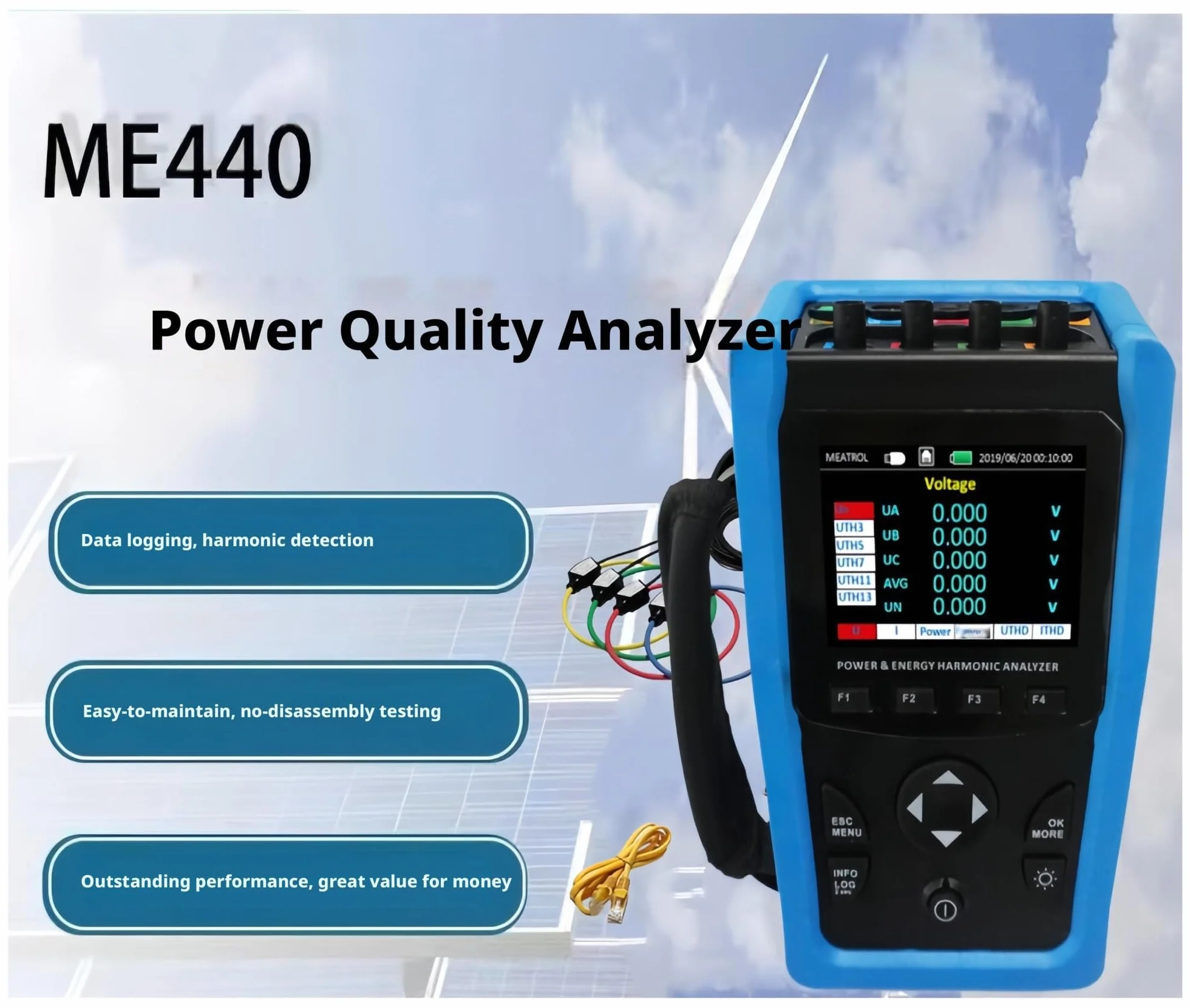 Analizador de calidad energía ME440 Instrumento prueba red eléctrica portátil: voltaje, corriente, potencia, trifásica Para aplicaciones industriales(Host 36mm coil 20 600A)
