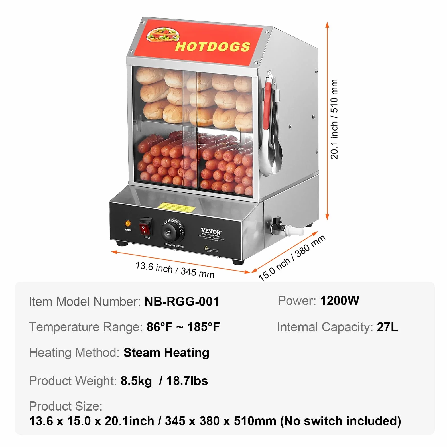 VEVOR Vaporera para Perritos Calientes 27 L 2 Niveles Control de Temperatura 30-85 ℃ Acero Inoxidable 345x380x510 mm