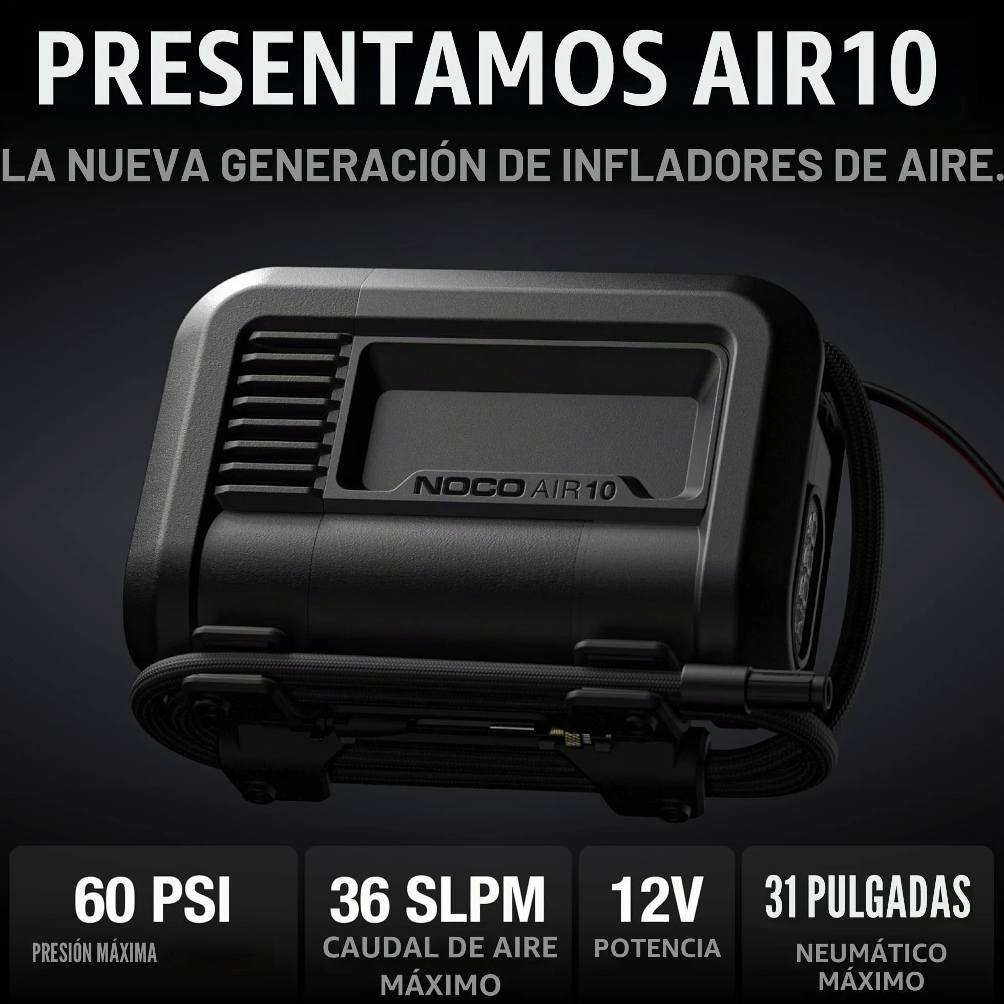 NOCO AIR10 Inflador de Neumáticos 10A Compresor de Aire Portátil 12V 36 SLPM 0-40 PSI Manómetro Digital Apagado Automático