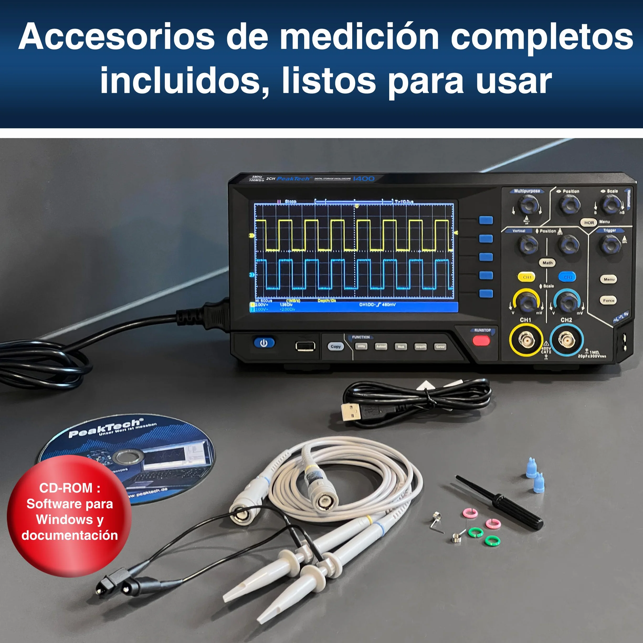 PeakTech, 1402, Osciloscopio digital de 2 canales [3 años de garantía] 20 MHz, 250MS/s, Interfaz USB, Software para PC, Osciloscopio P 1402, Negro, Osciloscopio USB, Multímetro osciloscopio