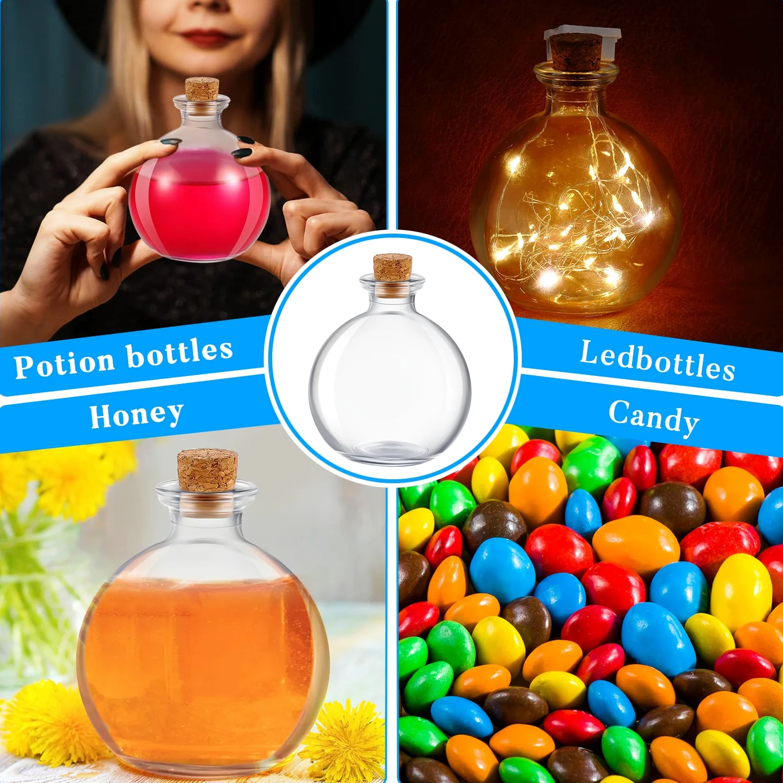 Nuenen 24 botellas esféricas de vidrio con tapón decorativo de corcho para poción, botella redonda transparente para tarros de arena, accesorios de disfraces, manualidades, aceite de agua, 8.5 onzas