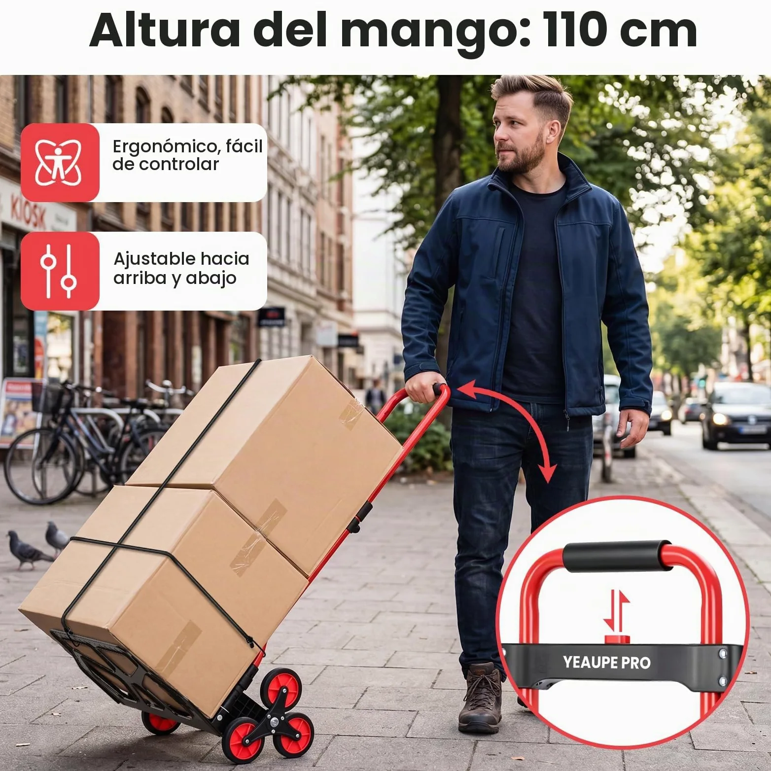 YEAUPE PRO Carretilla de Mano Plegable Escaleras 50 kg Rojo | Ruedas TPR grandes, mango telescópico regulable y 2 cuerdas incluidas para subir escaleras, mudanzas y transporte